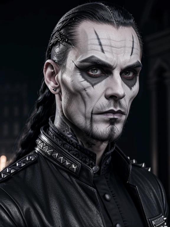 1man, vampire, "corpse paint" facepaint, slicked back braided long hair, beard along cheekbones, very thin lips, high collar studded medieval jacket, neck tattoo, symmetrical portrait, 8k portrait render, ultrarealistic 8k, unreal engine character art.