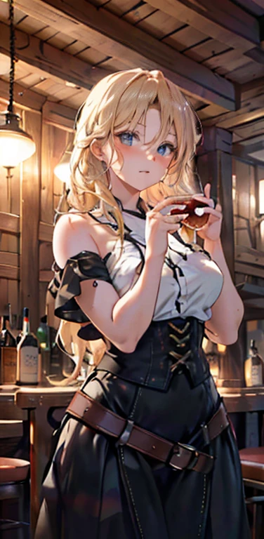 a beautiful detailed girl in a rustic tavern, fighting with a wild delirious expression, long straight blonde hair, holding a glass of whiskey, sensual romantic portrait, (best quality,4k,8k,highres,masterpiece:1.2),ultra-detailed,(realistic,photorealistic,photo-realistic:1.37),vibrant colors, dramatic lighting, cinematic composition