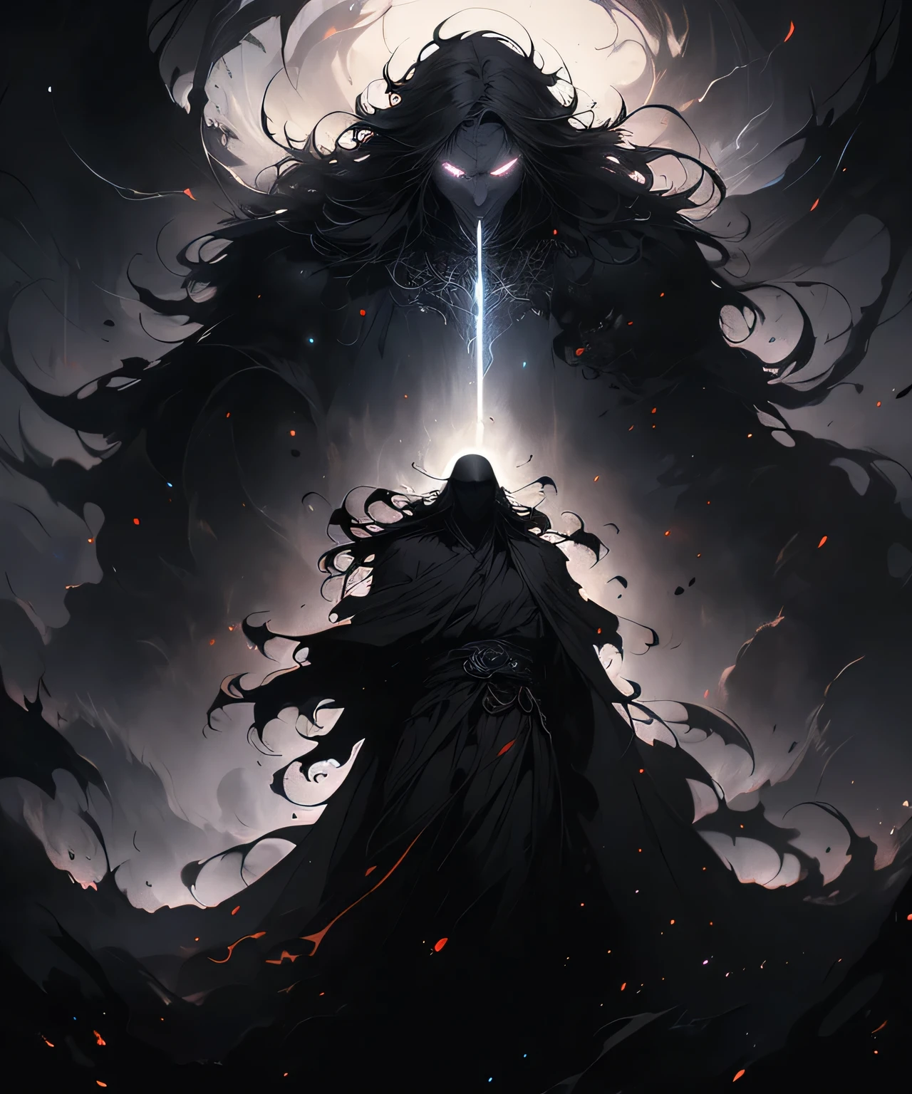 a highly detailed digital painting of an omnipotent being, dark mysterious atmosphere, dramatic lighting, glowing eyes, flowing robes, intricate patterns, ethereal energy, cinematic composition, moody colors, dramatic shadows, photorealistic, 8k, best quality