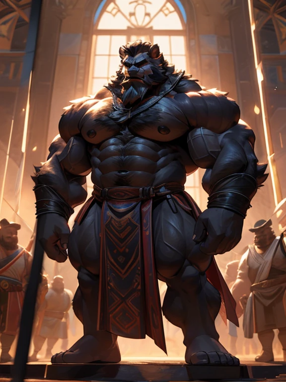 A burly, virile, and extremely hairy man who exudes an overwhelming sense of power and masculinity. His body is overmuscular and musclebound, with bulging veiny muscles that seem to strain against his skin. Broad shoulders and a wide chest adorn his massive frame, while his arms and legs are overly thick and defined, making him appear incredibly strong and imposing. His thick body gives him a hulking figure, with swelling muscles that seem to burst from every angle. The man sports a long, bushy beard and a thick mustache, adding to his rugged and masculine appearance. His grey hair only serves to further emphasize his age and experience, yet it does nothing to diminish his intimidating presence. His square-jawed face is set in a stoic expression, conveying determination and strength of character. Dressed only in a loincloth that struggles to contain his massive physique, this virile, hairy man stands tall and proud, exuding an aura of raw masculinity and unbridled power.