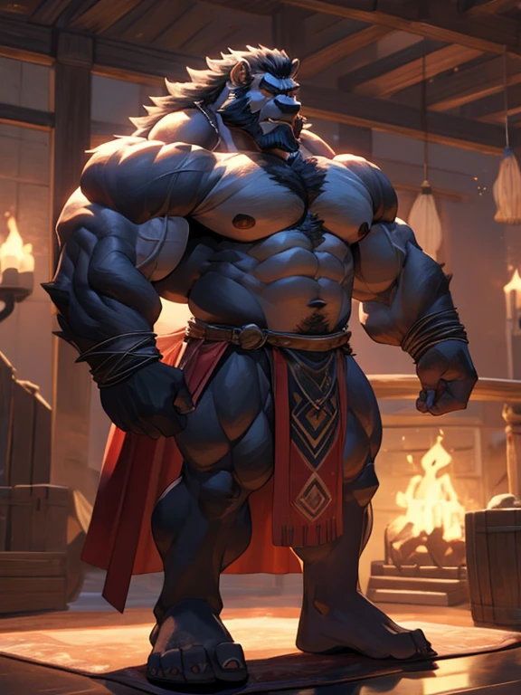 A burly, virile, and extremely hairy man who exudes an overwhelming sense of power and masculinity. His body is overmuscular and musclebound, with bulging veiny muscles that seem to strain against his skin. Broad shoulders and a wide chest adorn his massive frame, while his arms and legs are overly thick and defined, making him appear incredibly strong and imposing. His thick body gives him a hulking figure, with swelling muscles that seem to burst from every angle. The man sports a long, bushy beard and a thick mustache, adding to his rugged and masculine appearance. His grey hair only serves to further emphasize his age and experience, yet it does nothing to diminish his intimidating presence. His square-jawed face is set in a stoic expression, conveying determination and strength of character. Dressed only in a loincloth that struggles to contain his massive physique, this virile, hairy man stands tall and proud, exuding an aura of raw masculinity and unbridled power.