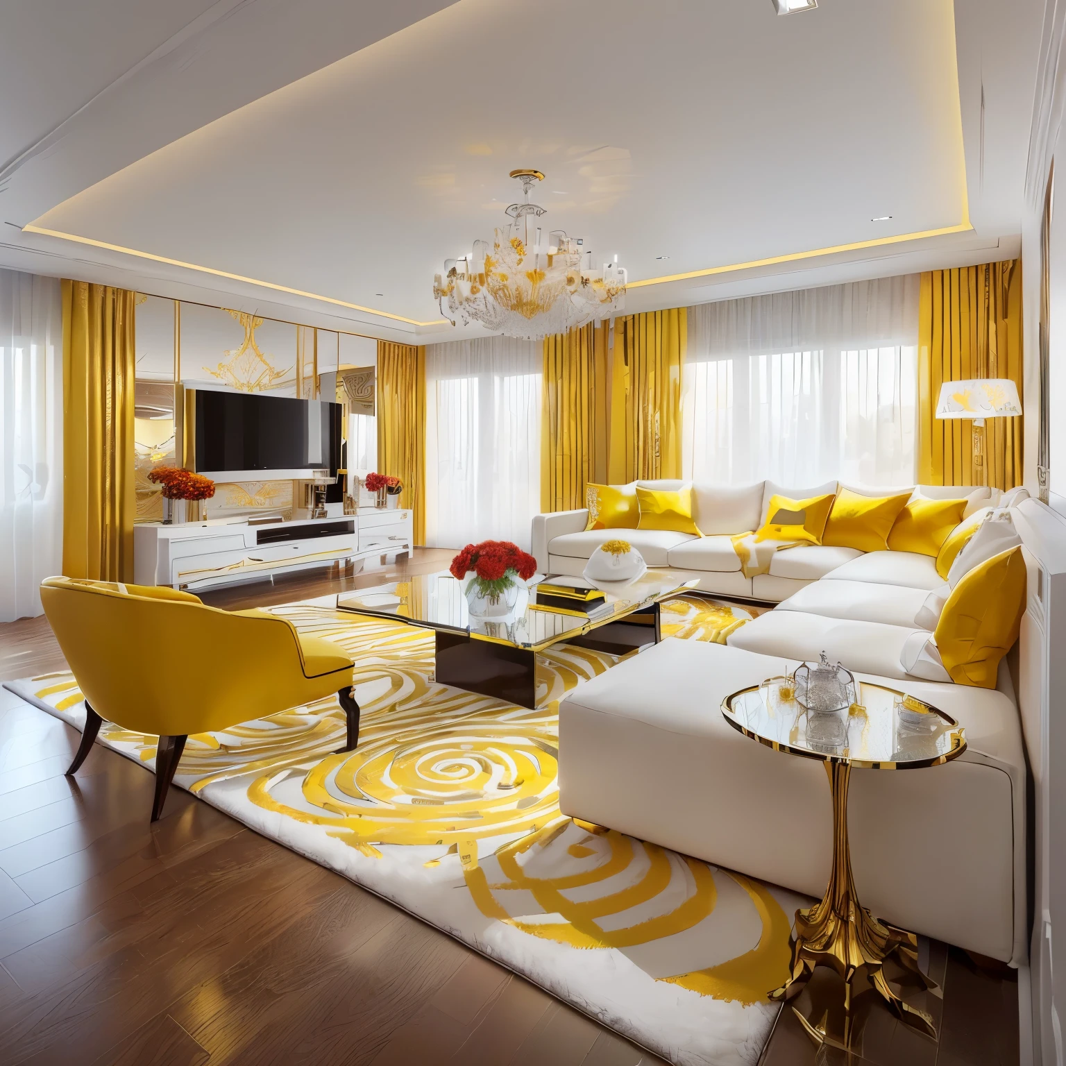 a brightly colored living room with a yellow and white rug, white and yellow scheme, silver and yellow color scheme, popular interior design style, white and gold color scheme, gold and luxury materials, scarlet and yellow scheme, yellow and red color scheme, yellow color scheme, bright yellow color scheme, red and yellow color scheme, magnificent design, yellow theme, red and yellow scheme