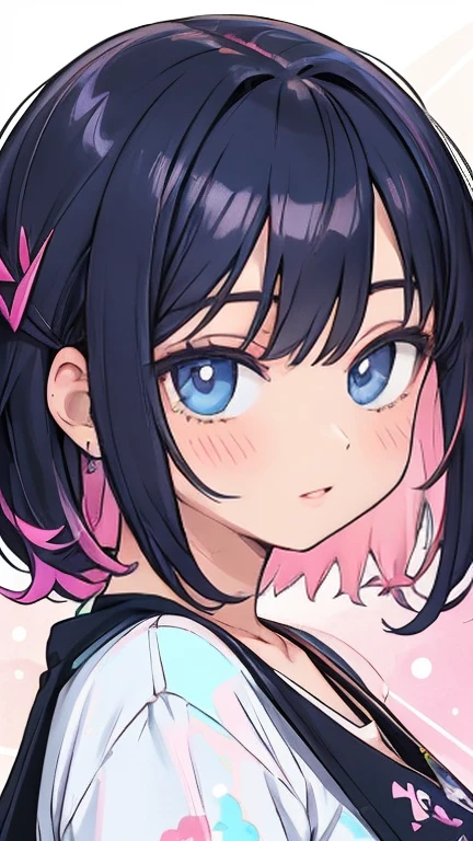Nice ,cabelo escuro,pink lips,Vestindo uma camisa preta,Paleta pastel estilo Aurora Punk,an anime illustration of her face,gifs animados,hand drawn animation,Captivating sketches,Suave e brilhante,romantismo nebuloso,estilo superplano,Fundo branco - ar 1:1 - New expression of 5 styles - 50,decote,(seios grandes,The straps slip)
