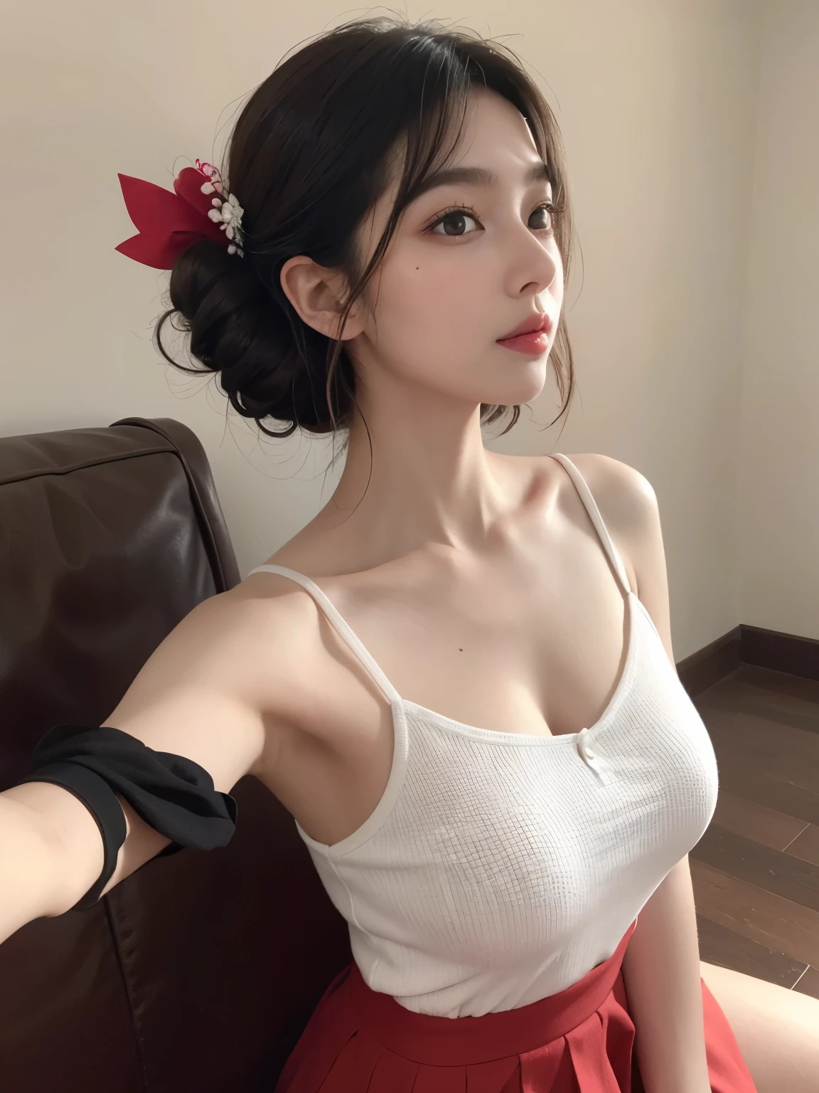 pretty woman, short hair, boy's short hair with white brown hair, con rulos en las puntas, all her hair white brown, with a star clip in her white brown hair, ojos de color claro, ojos bonitos, ojos llorosos, nariz bonita y respingada, nariz lloroso, labios bonitos, labios rosas, heart and cupid shaped lip, piel bonita, pale, piel blanca, con lunares y pecas en todo el rostro, rubor rosa suave en las mejilla, rubor rosa natural, maquillaje suave y rosa, boy, cuello bonito, cuello marcado, frown, mirada tierna, con un collar de beso, un collar bonito de beso, parecido a Yumeko Jabami, mientras lleva puesto un Crochet YK2, with a YK2 style brown mini skirt, mientras tiene el abdomen desnudo, delgado, marcado y bonito, (pechos grandes, pechos suaves, pechos bonitos), mientras esta haciendo cospaly del personaje Yumeko Jabami, del anime Kakegurui, mirando a la camara, autofoto, selfie bonita