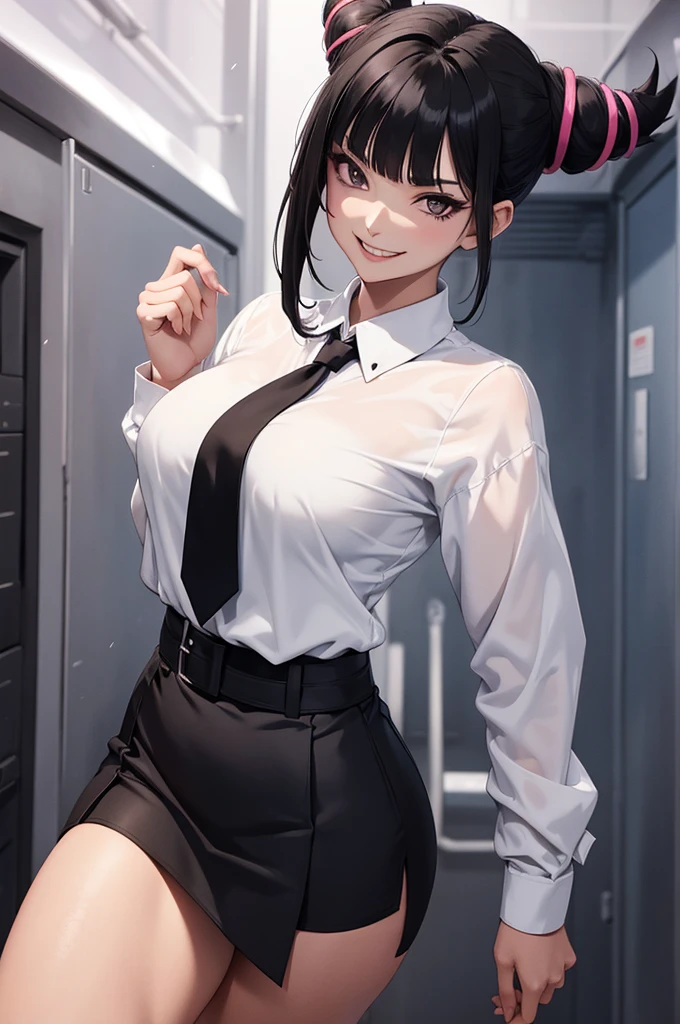 juri han, work of art, tight white secretary shirt with black tie, black high waist skirt, short skirt, black hair, black tights,evil smile,franja nos olhos,evil smile