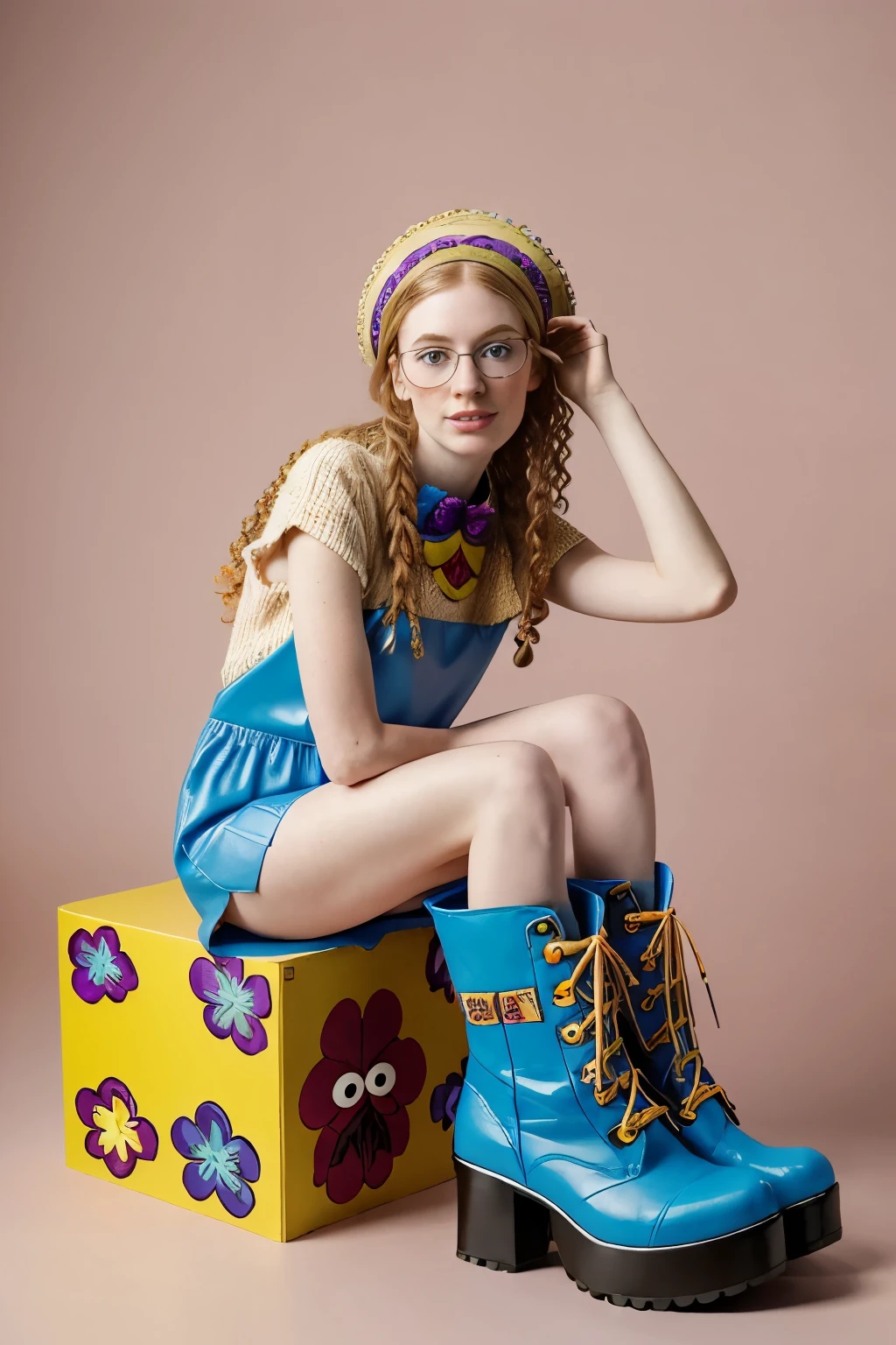 from below, (pale girl,pale skin full of freckles, glasses, muppet face bag, blue boots with a blue heel, full lenght view, heavy boots, platform boots, massive boots, kneehigh boots, full length view, full height view, flower power, killer boots, 1990s flower power hippy, ) outfit inspired by Cookie Monster Muppets clothes outfit,pop art, sesame street, sesame street muppets, gonzo, the muppets, muppet show, totally gonzo, leaked image, muppet with the girl.

