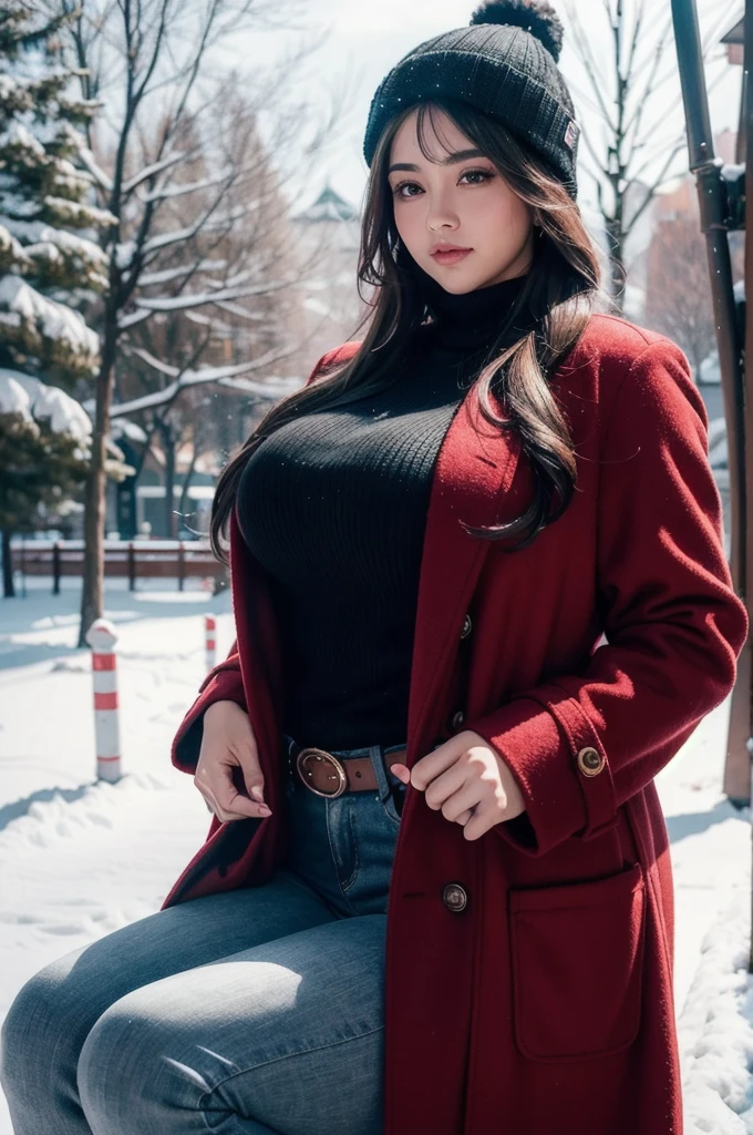 Beautiful sensual woman with a curvy body, long hair, bangs, french braid, widest waist, fitting breasts, curvy accentuated booty, sparkling eyes, long eyelashes, thick thighs, Strong calves, smirk, taniaayusiregar, She wears a red wool Coat, black Pullover, white trousers, belt, beanie, she is in a dark low lit Park, evening in Winter, snowy, photorealistic, Masterpiece, bokeh, Volumetric lighting, winter season atmosphere, close up shot