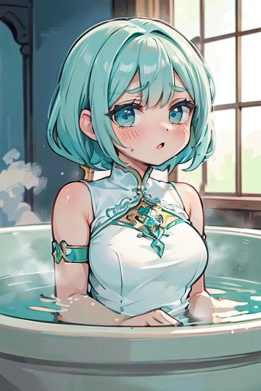 flat chests, nsfw, masterpiece, 1 girl, erect nipples, intricately detailed, topless, navel, bare shoulders, necklace, blue hair, embarrassed, loincloth, sea, rock, gold trimmings, gold circlet, lake, blue sky, extremely detailed, photorealistic, octane render, 8 k, unreal engine, bare breasts, , closed eyes, carrying staff, blue gemstone, fantasy, enchanted, trident, magical, mage, bare stomach, sweaty, moist breath, child, arm strap, 1 side braid, in water, submerged