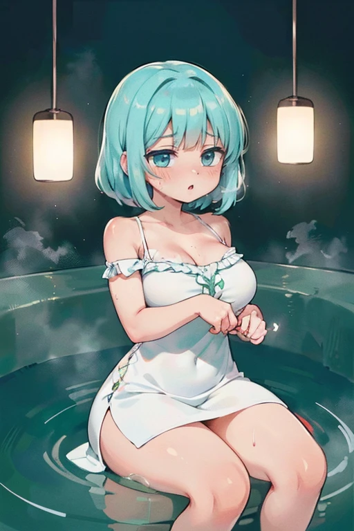 ((beautiful lighting, melhor qualidade, 8K, Obra de arte: 1.3)), 1 garota, Beleza corporal perfeita: 1.4, suado + pele molhada,((cabelo branco)), (vestido branco: 1.4), (fontes termais: 1.1), (Hot water bath), Absorver, elegante, Rosto super fino