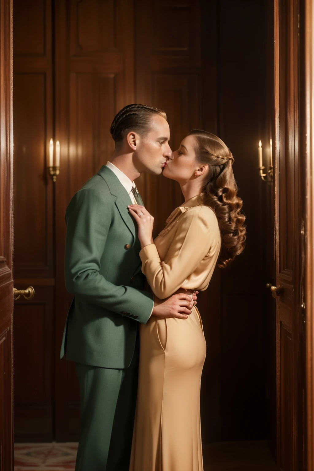 Lisbon, 1941. A young ((((39-year-old)) Marcus Logan)), pale englishman, tall, standing in a luxurious room, with his ((girlfriend)) Sira Quiroga, ((intimate, romantic, passionate kiss)), ((((clothings from the 1940s)))), ((messy chestnut hairstyle of the 1940s)), ((colorful))