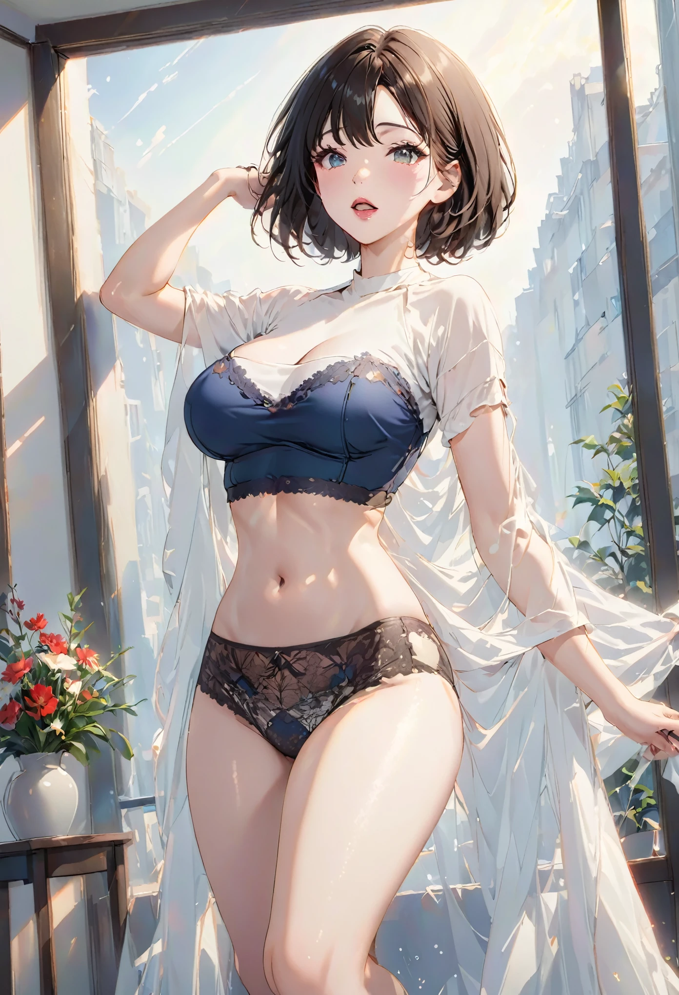 Top quality, Reality, 8K, HD, 1 girl, Miss, (Sexy pose: 1.9, touch: 1.9, cleveage: 2), Gorgeous, (Large target: 1.8), (underwear: 2, OK: 1.9, underwear: 1.4), (short hair: 2, Bob: 2, Parted bangs: 1.6), Viewers, (1 girl's Eyes: 1.6), Reality, (Bokeh), (Flowing hair, Lips, open mouth: 1.43), Gorgeous, Pure face_V1:1,