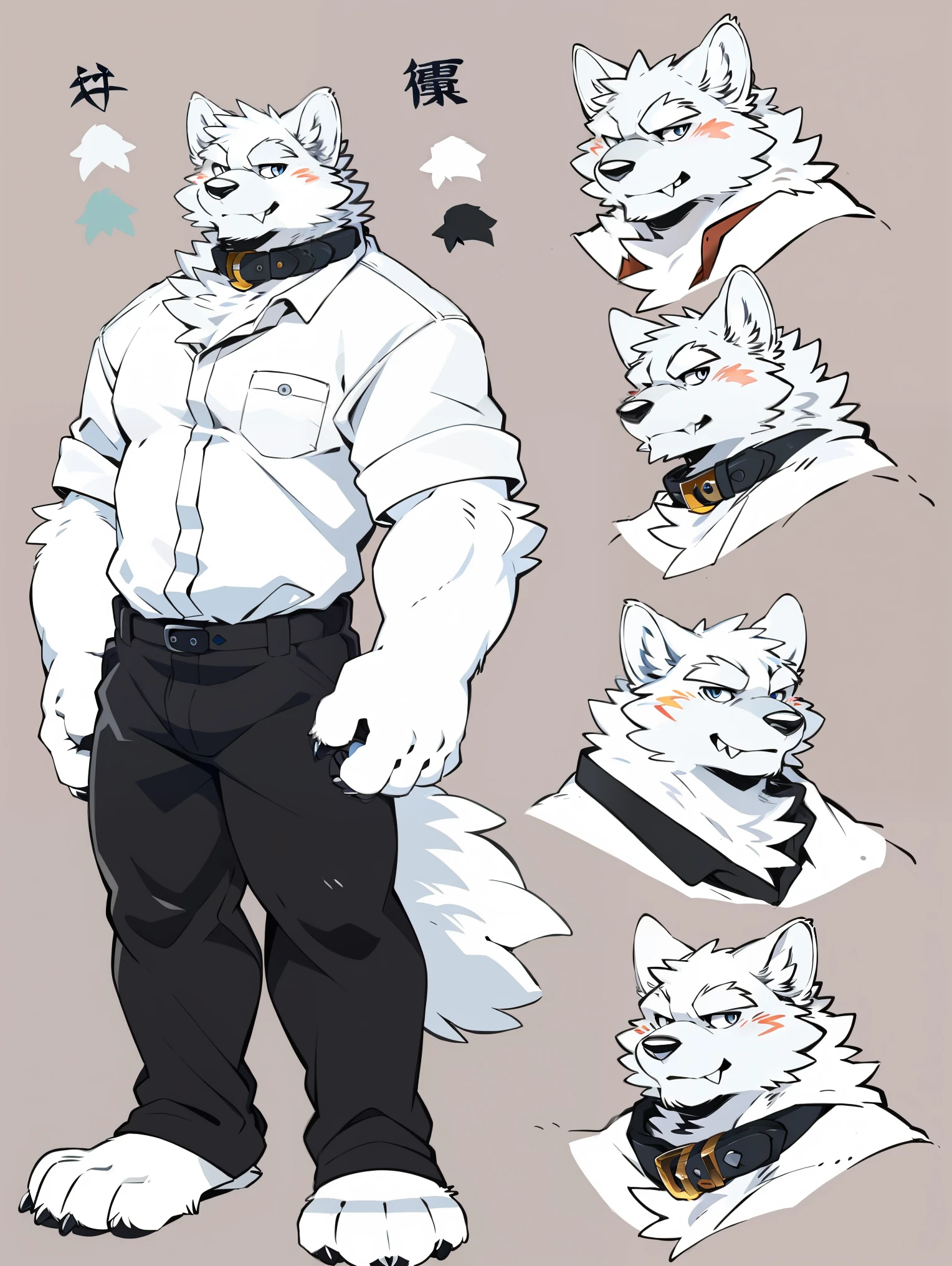 A snow wolf, ((all white fur:1.5)), Perfect sky blue eyes, Collar, (artist:Takemoto Arashi), Mature face, elder, Simple background, naughty face, glint, (fang out:1.5), (Clear facial details), Wearing an oversized white shirt, Wearing black casual pants, seductive smile, Tonalism, character chart, reference sheet, high details