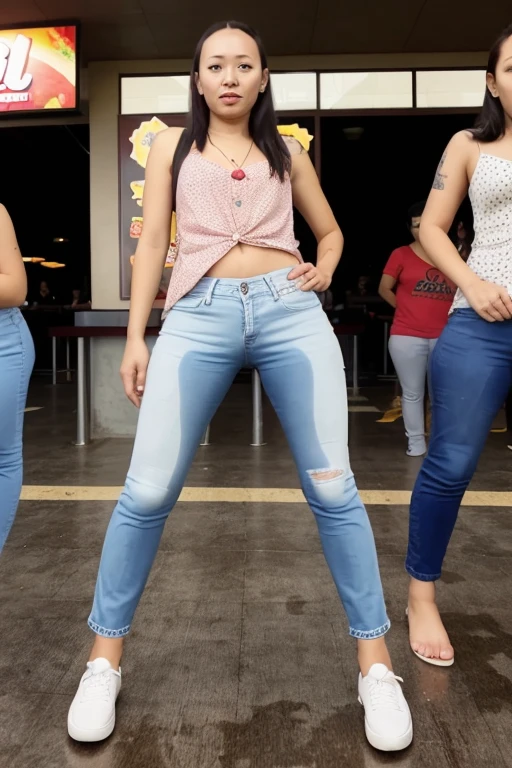 (pp clothes), from forehead, Indonesia woman, jeans, waiting in line, fast food restaurant
