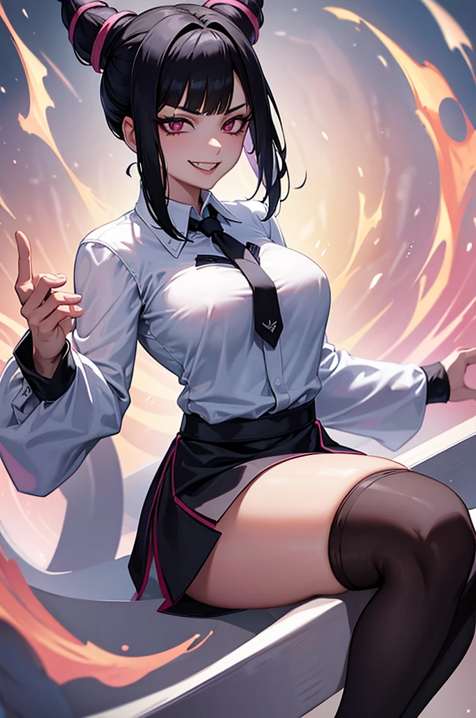 juri han, work of art, tight white secretary shirt with black tie, black high waist skirt, short skirt, black hair, black tights,evil smile,franja nos olhos,evil smile