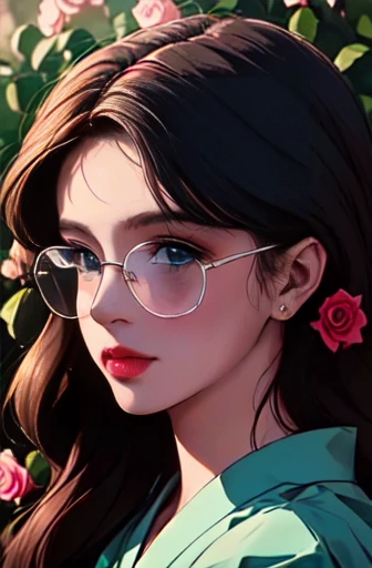 1girl, long brown hair, dark skin, green kimono, colorful flowers, grey eyes, glasses, holding a rose, elegant, serene expression, natural lighting, high quality, detailed, realistic, digital art, vibrant colors, cinematic composition, beautiful detailed eyes, beautiful detailed lips, extremely detailed face and features, long eyelashes, (best quality,4k,8k,highres,masterpiece:1.2),ultra-detailed,(realistic,photorealistic,photo-realistic:1.37)