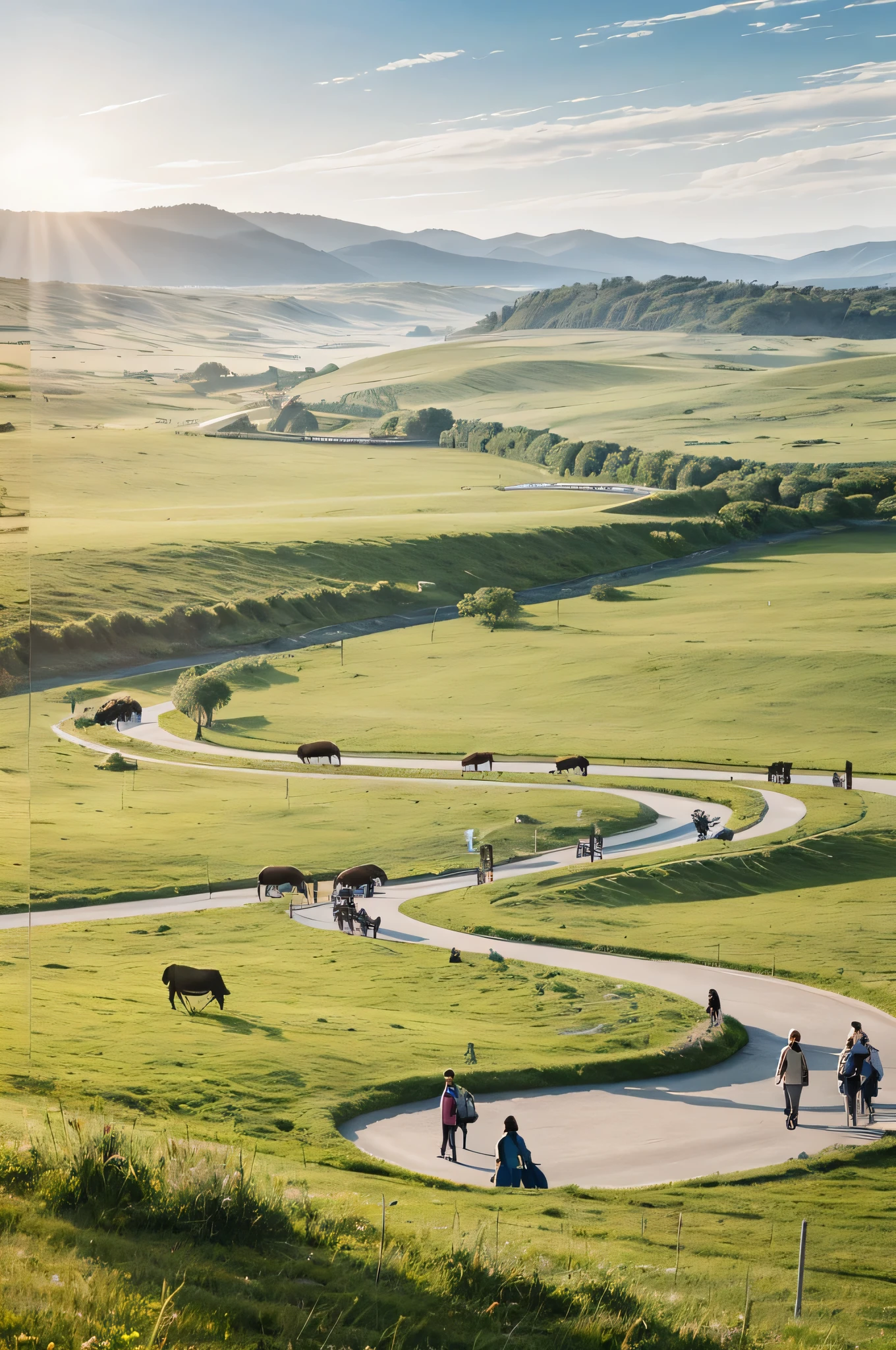 8k,Wallpaper level,Authentic style,Vast grassland,Herd of cattle grazing peacefully on the grassland,There is a circular stage in the center of the grassland,There are two steps,Light colors