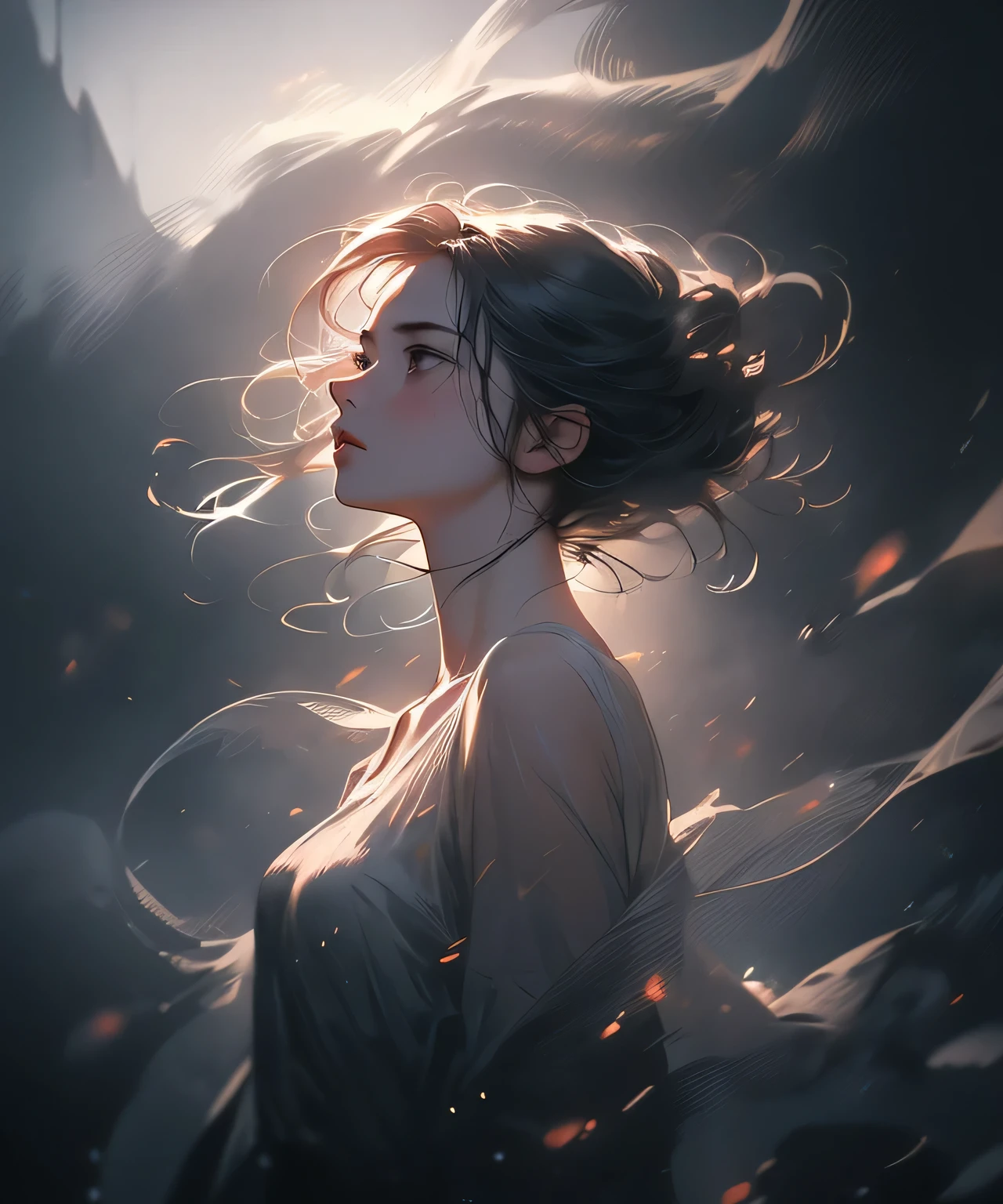1 girl, indeterminacy, surreal, ethereal, abstract, dreamlike, mysterious, enigmatic, undefined, ambiguous, floating, glowing, intangible, transparent, translucent, ghostly, wispy, hazy, mist, fog, soft focus, moody, melancholic, pensive, contemplative, (best quality,4k,8k,highres,masterpiece:1.2),ultra-detailed,(realistic,photorealistic,photo-realistic:1.37),cinematic lighting,dramatic lighting,dramatic shadows,moody lighting,chiaroscuro