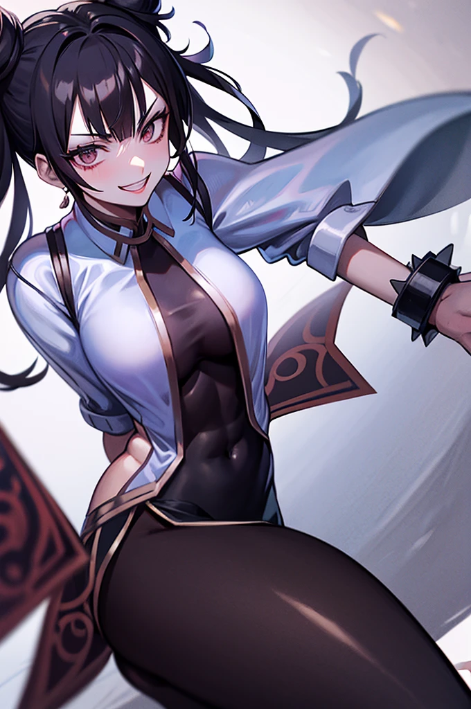 juri han, work of art, tight white secretary shirt with black tie, black high waist skirt, short skirt, black hair, black tights,evil smile,franja nos olhos,evil smile

