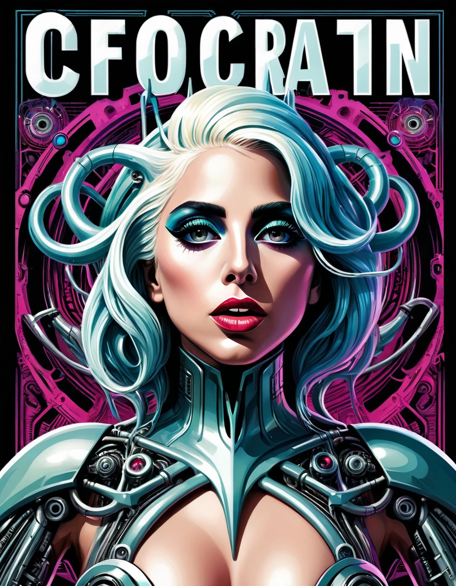 Lovecraftian Lady gaga, sexy cyborg body part, magazine cover, poster art , Lovecraftian creative creatures, hint of vibrant, bold huge text, matted design layout. technological elements, cosmic dread, noise background