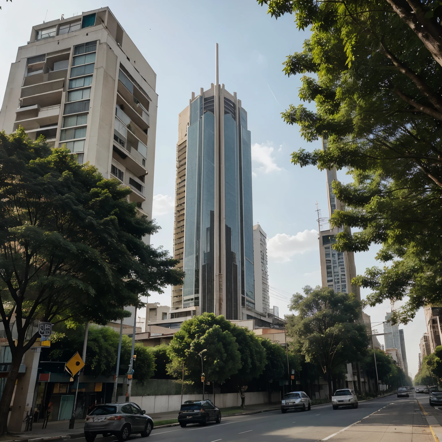 Plaza central, modern skyscraper surrounded by trees, highway atonement, zoning, barrio residencial, factories, lagos, elementos sostenibles