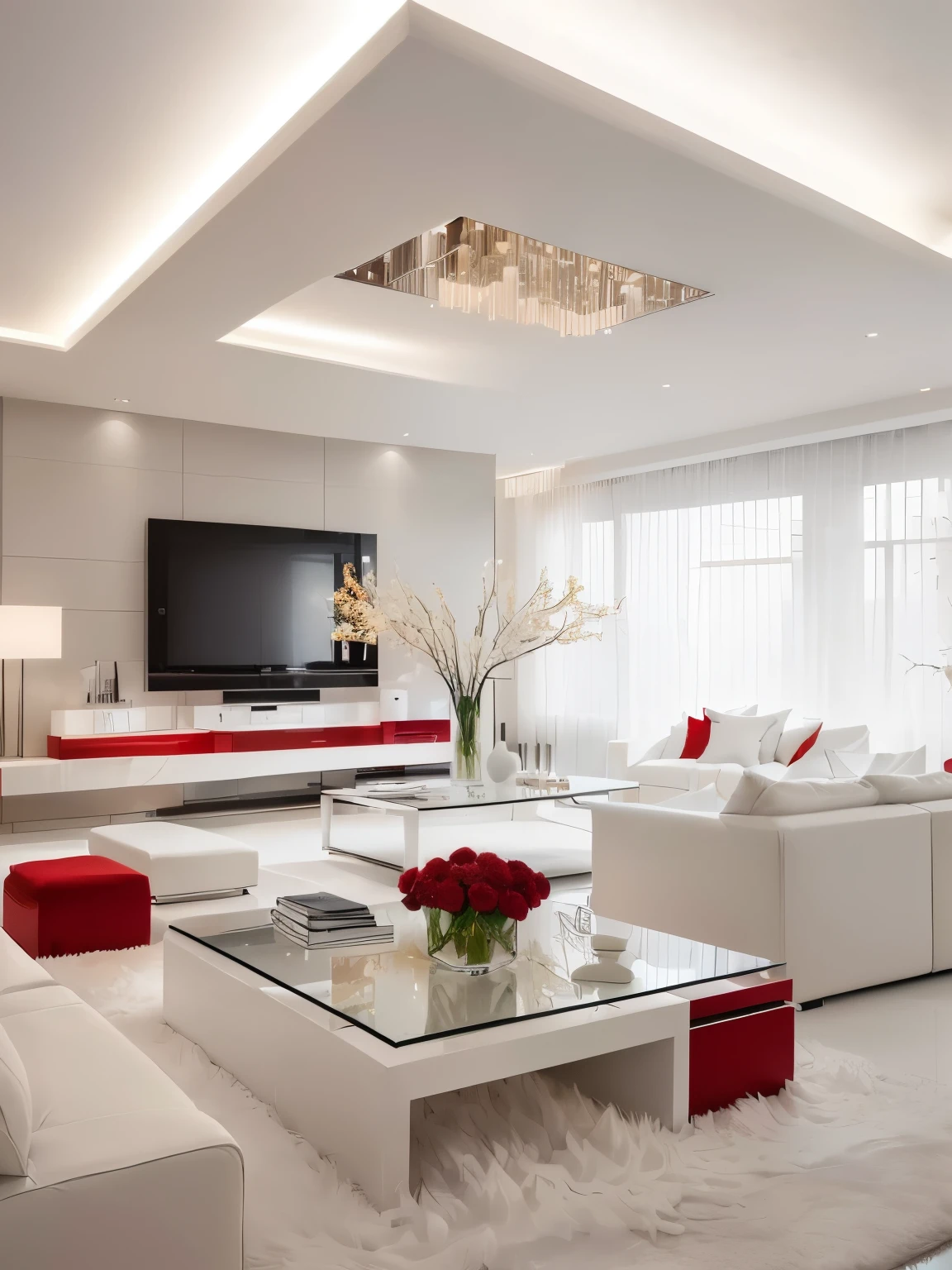 arafed living room with white furniture and a large flat screen tv, modern living room, white and red color scheme, popular interior design style, living room interior design, clean and pristine design, clean and neat, bright lit interiors, living room interior, cozy contemporary living room, beautiful interior, modern interior design, pristine and clean design, red and white color scheme