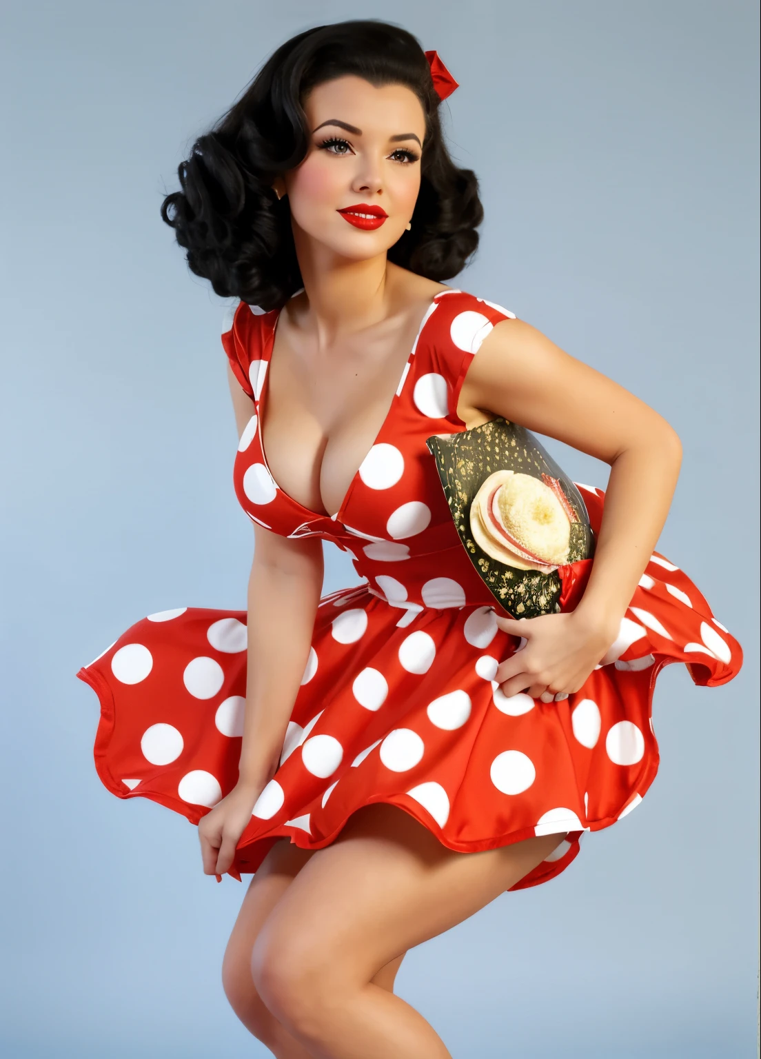 Full length photo of a girl. realistic 35 year old sexy emotional black hair brunette adding mystery and sexuality. The model is made in pin-up style with hair styling in the style of victory rolls. She has plump sexy red lips, She has average breasts. She portrays an American housewife., posing in various sexual positions. Her black hair creates the look of a pin-up girl. She is on a white background, red retro dress with large polka dots with fluffy, voluminous ballerina skirt bouffant dress. red retro bouffant dress with polka dots in pin-up style with large polka dots, a fluffy, voluminous ballerina skirt and a tutu. A red bandana on the head., and red stockings on her legs wears a red retro dress with large polka dots with a fluffy voluminous ballerina skirt. Red bandana on head, and red stockings on my feet. The photo is made in pin-up style, highlighting the retro-USA atmosphere sexy look