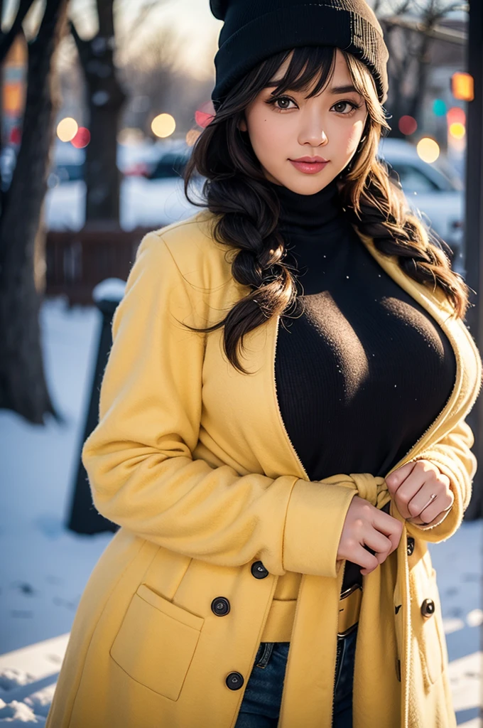 Beautiful sensual woman with a curvy body, long hair, bangs, french braid, widest waist, fitting breasts, curvy accentuated booty, sparkling eyes, long eyelashes, thick thighs, Strong calves, smirk, taniaayusiregar, She wears a yellow wool Coat, red Pullover, pink trousers, belt, beanie, she is in a dark low lit Park, evening in Winter, snowy, photorealistic, Masterpiece, bokeh, Volumetric lighting, winter season atmosphere, close up shot