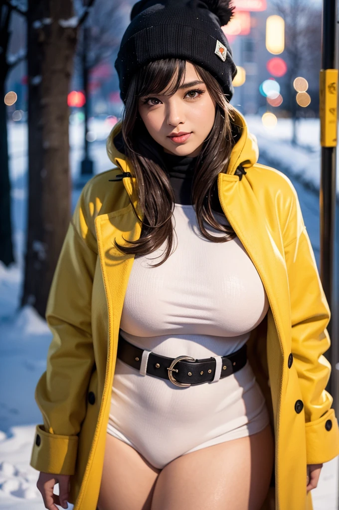 Beautiful sensual woman with a curvy body, long hair, bangs, french braid, widest waist, fitting breasts, curvy accentuated booty, sparkling eyes, long eyelashes, thick thighs, Strong calves, smirk, taniaayusiregar, She wears a yellow wool Coat, red Pullover, pink trousers, belt, beanie, she is in a dark low lit Park, evening in Winter, snowy, photorealistic, Masterpiece, bokeh, Volumetric lighting, winter season atmosphere, close up shot