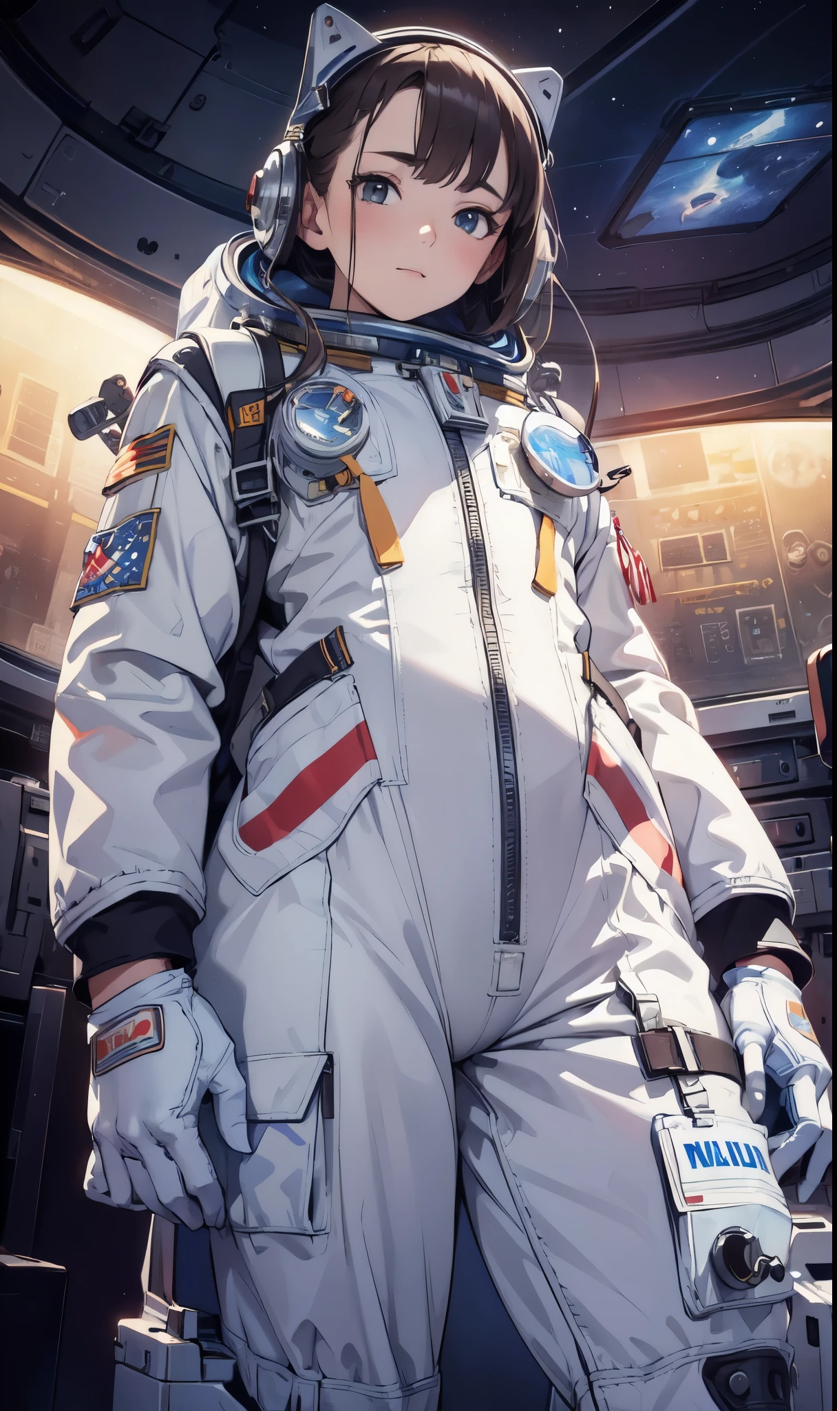 high resolution, (masterpiece:1.4), Extremely detailed, girl, astronaut, Gloves, helmet, Space suit