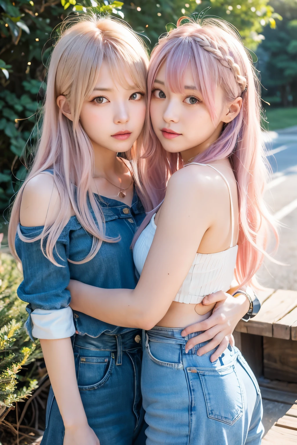 Ai Hoshino, beige pink hair, Blue Hair,Long Hair, favorite , Beautiful, shining eyes, Stars in my eyes, Idol, ２By people, 2 girls, Long pink hair