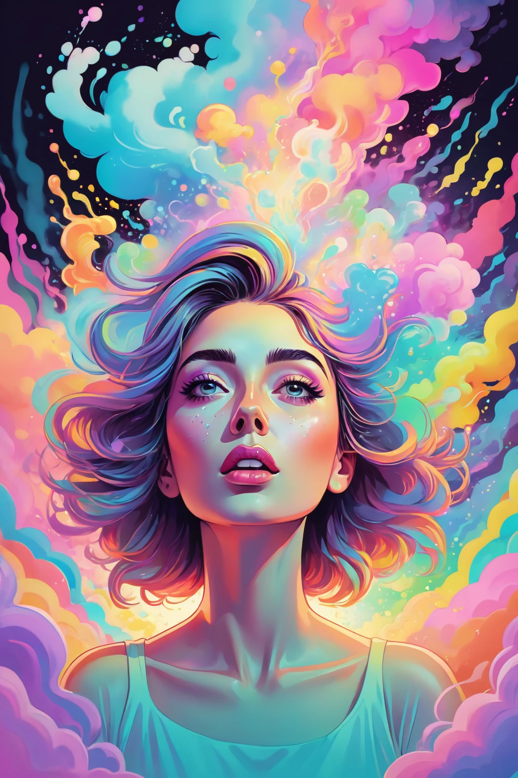 soft pastel colors, cartoon style illustration of a woman as she sees the world while experiencing hallucinations, stoned, splash art, splashed pastel colors, (soft iridiscent glowy smoke) motion effects, best quality, wallpaper art, UHD, centered image, MSchiffer art, ((flat colors)), (cel-shading style) very vibrant neon colors, ((low saturation)) ink lines, iridiscent,