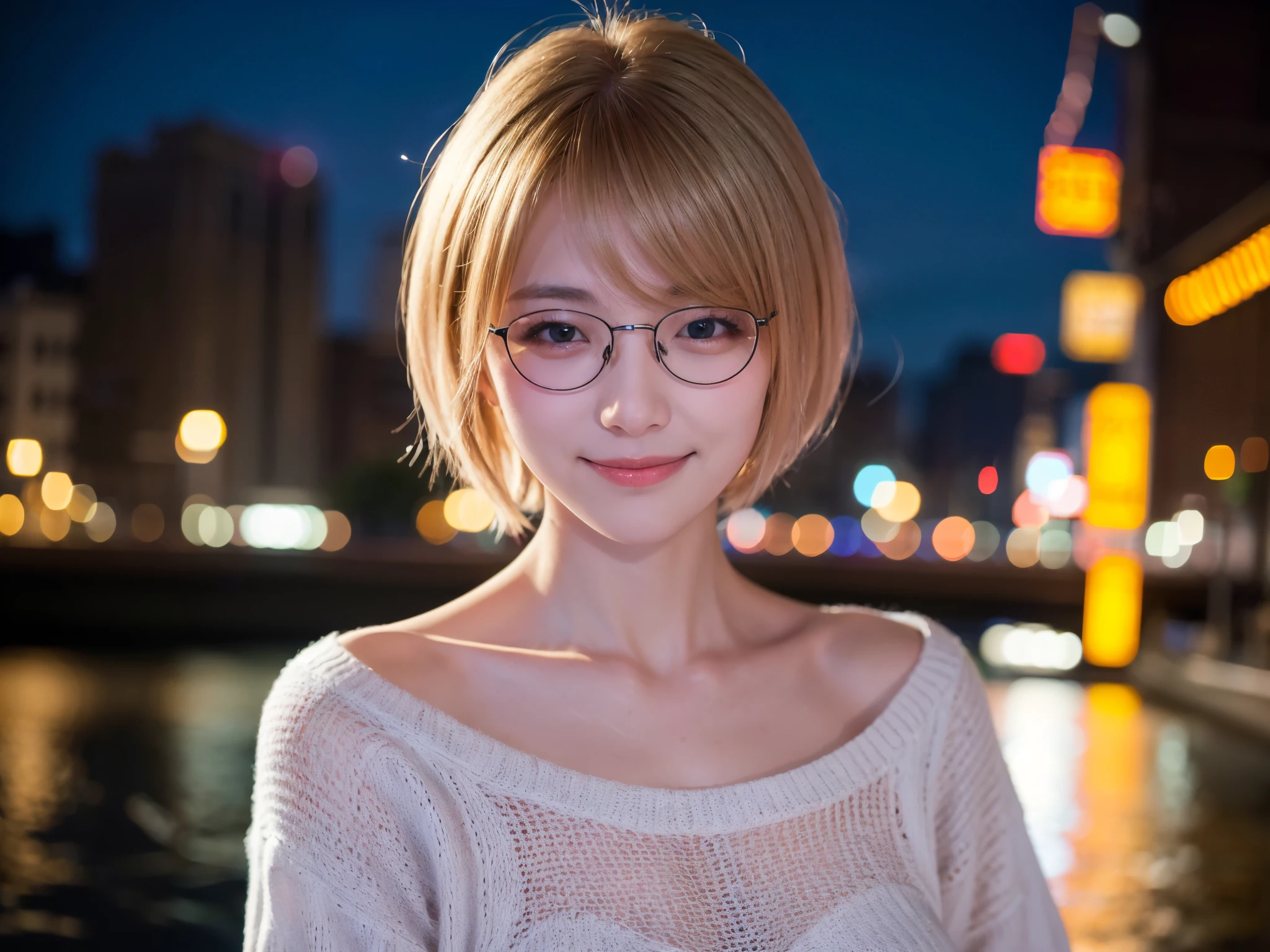 Japanese girl in casual clothes、Observe the audience、Tokyo cityscape at night、(highest quality、masterpiece)))、HD Fine、Very detailed、masterpiece、Cinema Lighting、(8k、highest quality、masterpiece:1.2)、(Realistic、Realistic:1.37) High resolution、Very detailed、Woman wearing glasses、A look of silence、Round Glasses、Asian, cute, cute顔, alone,Blonde Short Hair 1.2, Textured skin, Beautiful smile, Beautifully detailed night sky, Night view, Cinema Lighting, Written boundary depth, Lens flare light、date、(Blushing your nose)、、(Mouth closed)Small breasts、A beautiful eye for detail、(sweater:1.1)、(Blonde Short Hair:1.2)、Floating Hair Nova Frog Style、