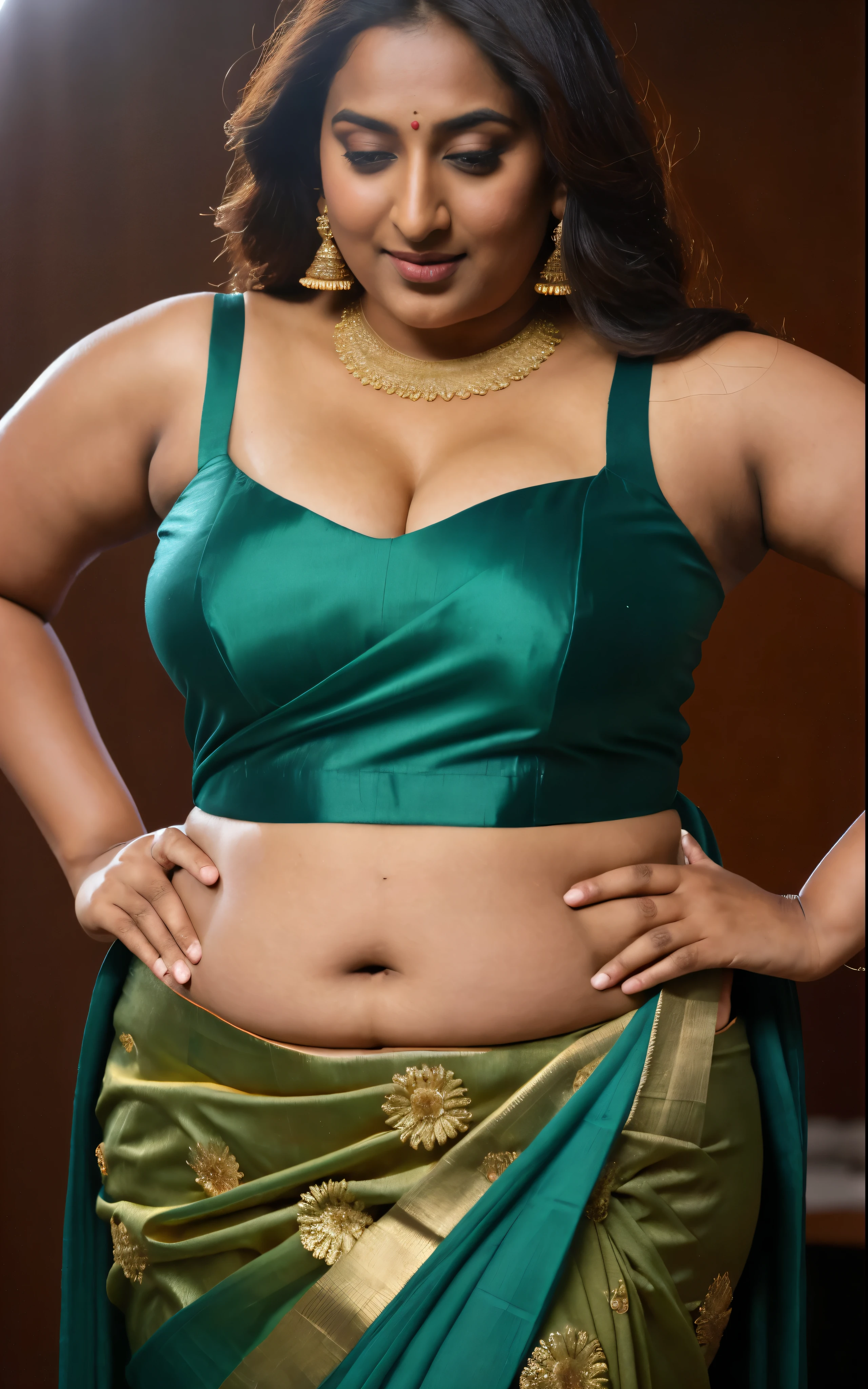 Foto RAW, photorealistic, photography, full body shot, master shot, perfect eyes, goddess like beauty, pierced eyes, perfect thick chubby mallu Desi aunty bhabhi, Wearing a Stanapatta, a chest-band.Saree model, model Photography, Indian saree shoot, Indian traditional wear advertising photography, traditional wear brand shoot, face of Indian actress Sonakshi Sinha, masterpiece, realistic, realism, incredible details, pleasure, photorealism, detailed skin, skin pores, high contrast, photorealistic Artstation 8k HD digital art trend of high definition and detailed realistic skin texture, ultra detail, realistic skin texture, armature, best quality, ultra high definition, (photorealistic:1.4),, high resolution, detail, raw photo, sweat, Re sharp, by Lee Jefferies Nikon D850 Film Stock Photo 4 Kodak Portra 400 Camera F1.6 Lens Rich Color Ultra Real Realistic Realistic Textures Dramatic Lighting Unreal Engine Trending at Art Station Cinestill 800,(pele altamente detalhada: 1.2), 8k UHD, DSLR, soft-lighting, alta qualidade, grain of film, Fujifilm XT3,she didn't like to wear blouse or bra, she is happy to wear only saree, she hates blouse or bra, detailed hairy armpits, hyper realistic skin, skin pores, sweat, veins,