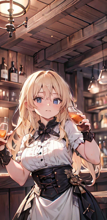 a beautiful detailed girl in a rustic tavern, fighting with a wild delirious expression, long straight blonde hair, holding a glass of whiskey, sensual romantic portrait, (best quality,4k,8k,highres,masterpiece:1.2),ultra-detailed,(realistic,photorealistic,photo-realistic:1.37),vibrant colors, dramatic lighting, cinematic composition