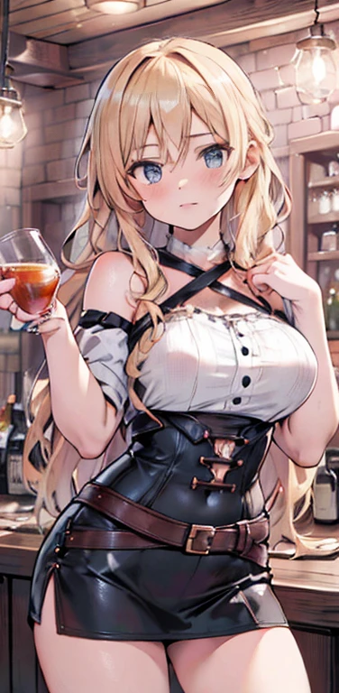 a beautiful detailed girl in a rustic tavern, fighting with a wild delirious expression, long straight blonde hair, holding a glass of whiskey, sensual romantic portrait, (best quality,4k,8k,highres,masterpiece:1.2),ultra-detailed,(realistic,photorealistic,photo-realistic:1.37),vibrant colors, dramatic lighting, cinematic composition