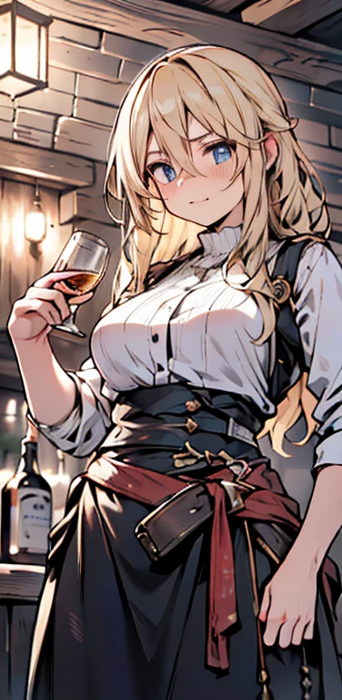 a beautiful detailed girl in a rustic tavern, fighting with a wild delirious expression, long straight blonde hair, holding a glass of whiskey, sensual romantic portrait, (best quality,4k,8k,highres,masterpiece:1.2),ultra-detailed,(realistic,photorealistic,photo-realistic:1.37),vibrant colors, dramatic lighting, cinematic composition