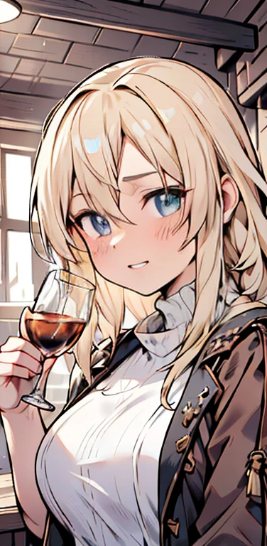 a beautiful detailed girl in a rustic tavern, fighting with a wild delirious expression, long straight blonde hair, holding a glass of whiskey, sensual romantic portrait, (best quality,4k,8k,highres,masterpiece:1.2),ultra-detailed,(realistic,photorealistic,photo-realistic:1.37),vibrant colors, dramatic lighting, cinematic composition