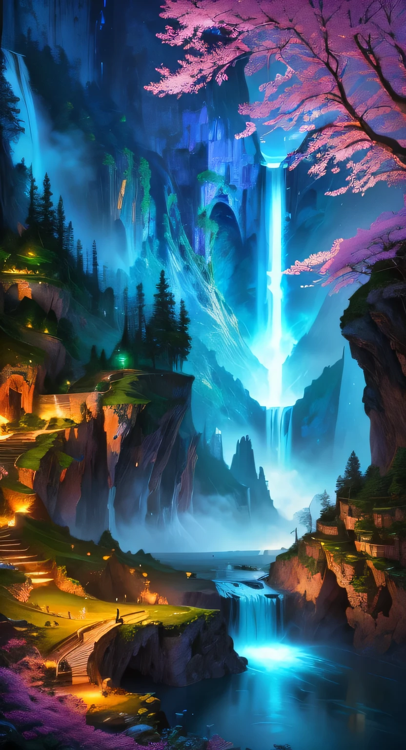 Landscape painting with waterfall in the background, Beautiful art UHD 4K, 8k stunning artwork, 4k highly detailed digital art, 4K Fine Digital Art, 4k fantasy art, concept art wallpaper 4k, 4k hd illustration wallpaper, 4K detail fantasy, 8k high quality detailed art, Anime Landscape Wallpaper