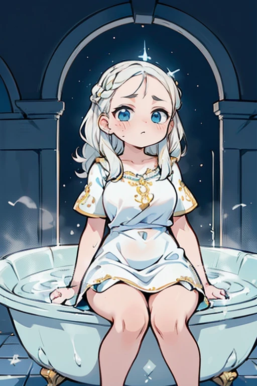 ((beautiful lighting, melhor qualidade, 8K, Obra de arte: 1.3)), 1 garota, Beleza corporal perfeita: 1.4, suado + pele molhada,((cabelo branco)), (vestido branco: 1.4), (fontes termais: 1.1), (Hot water bath), Absorver, elegante, Rosto super fino