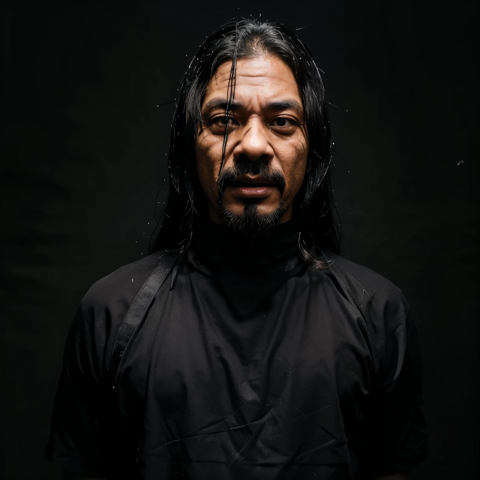 4d caricature, artistic art, a 45 year old Indonesian man, long hair, messy, with eyes covered with black cloth, and neck entangled in barbed wire, mouth open in pain, with hands handcuffed behind his back, black background with lighting from above, 8k, uhd
