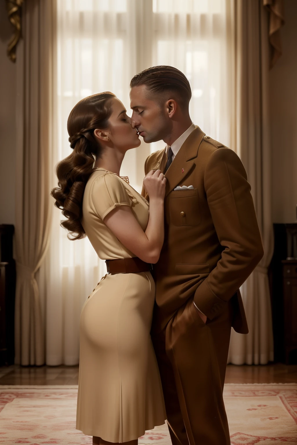 Madrid, 1941. A young ((((39-year-old)) Marcus Logan)), pale englishman, tall, standing in a luxurious room, with his ((girlfriend)) Sira Quiroga, ((intimate, romantic, passionate kiss)), ((((clothings from the 1940s)))), ((messy chestnut hairstyle of the 1940s)), ((colorful))