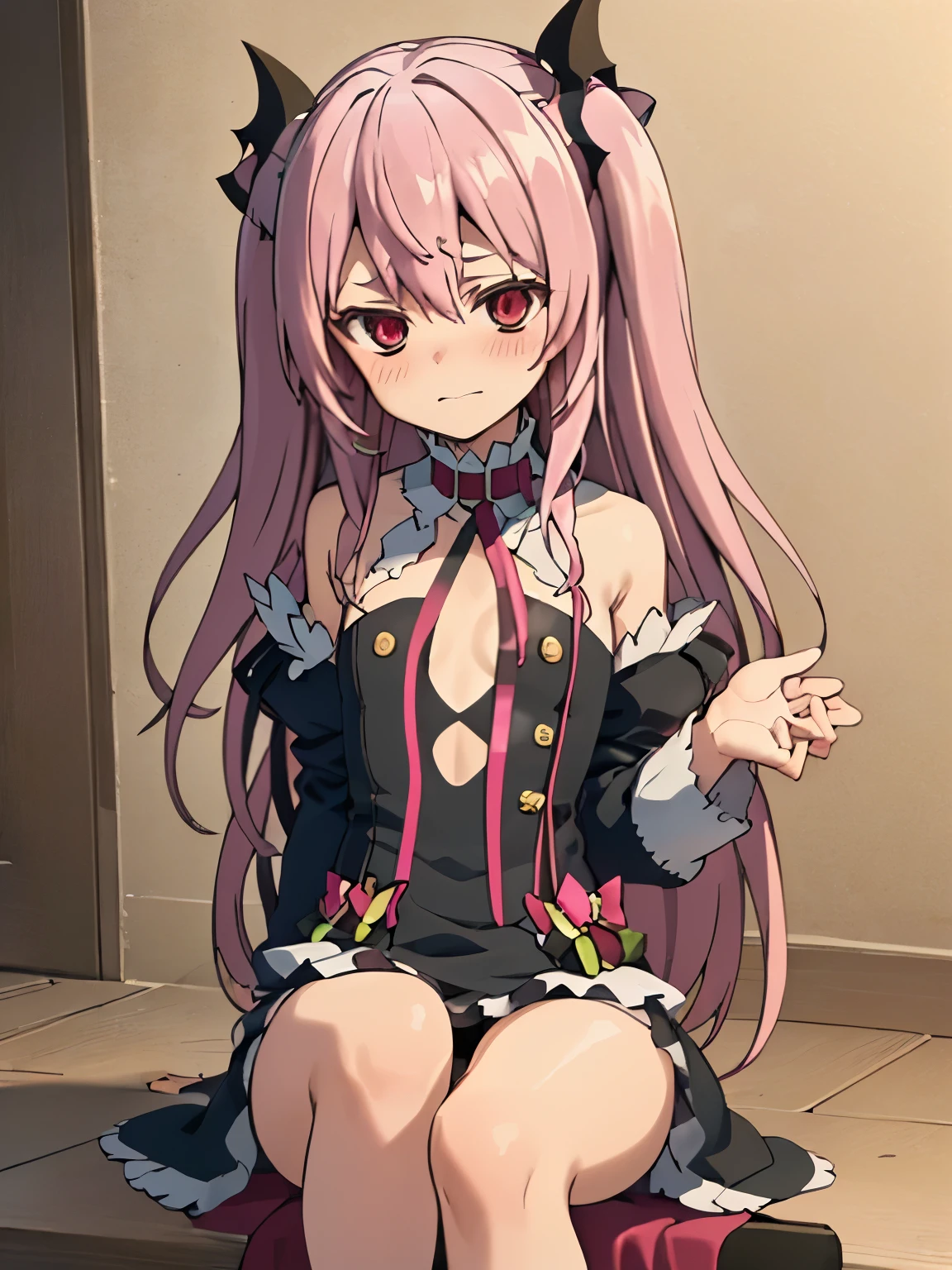 NSFW,Krul Tepes、Red eyes、Flat Chest、Long Hair、Pink Hair、Two Side Up、hair ornaments,(Perfect hands),(Perfect Anatomy),(masterpiece),(highest quality),Embarrassed,blush,High-quality lingerie,Sitting,(Leg spread:1.5)