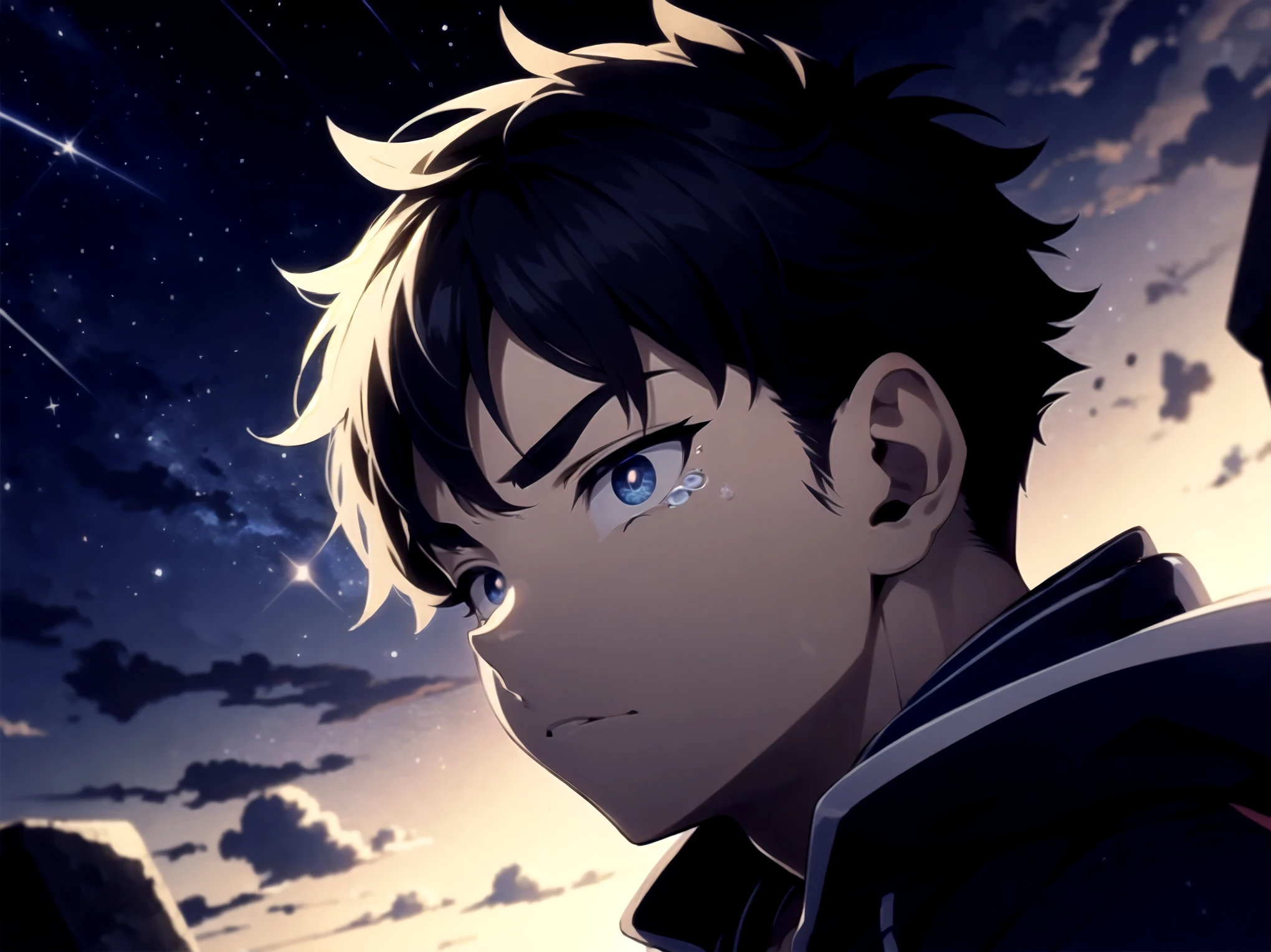1 boy,18 years old,side glance,upper body,(Summit,Starry sky,Outdoor:1.2),(A single tear),(detailed eyes),detailed skin,masterpiece,best quality,Top Quality,High quality,