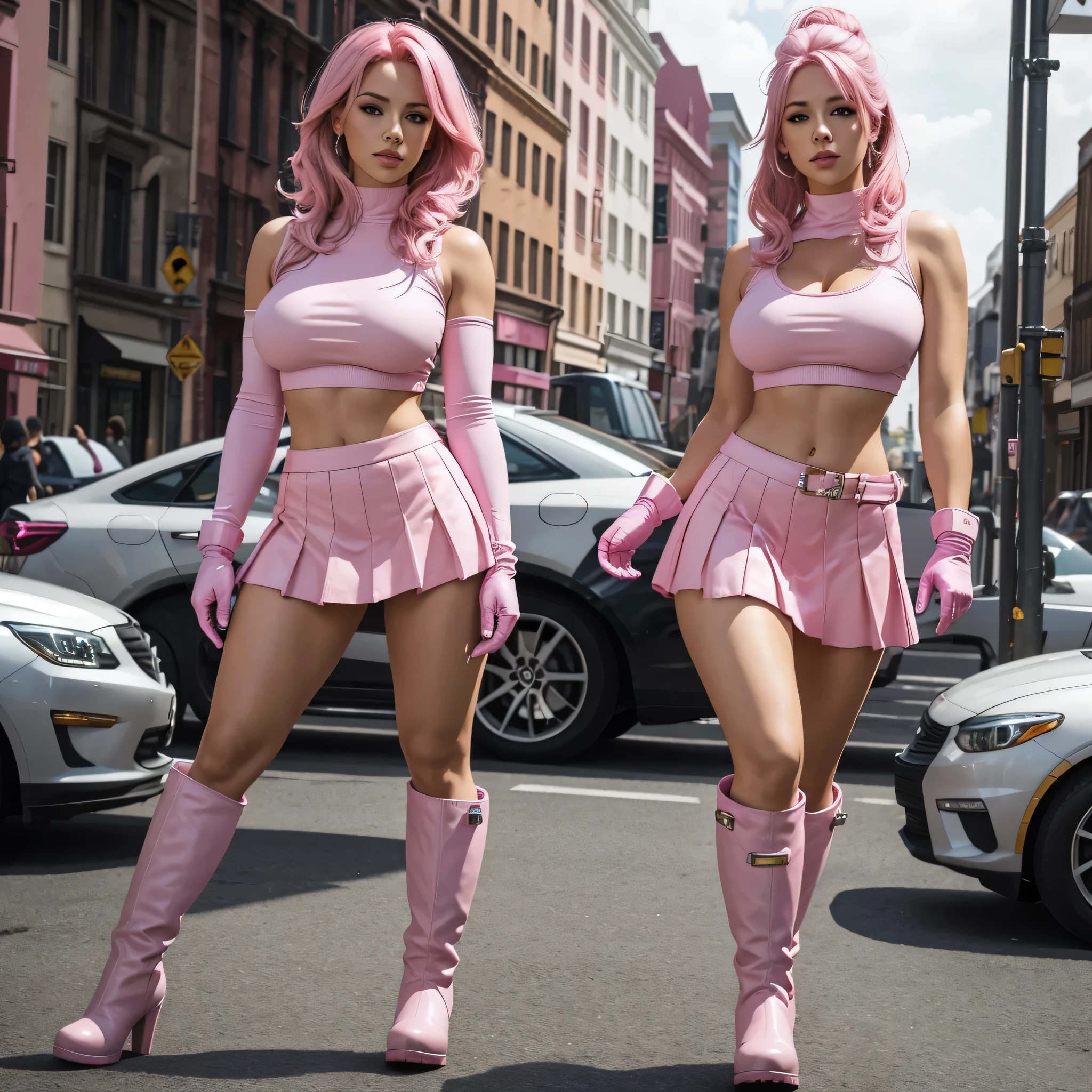 Full body, realistic, (1 beautiful woman, solo: 1.1), big breasts, pink hair, pink crop top, pink skirt, pink gloves, pink boots