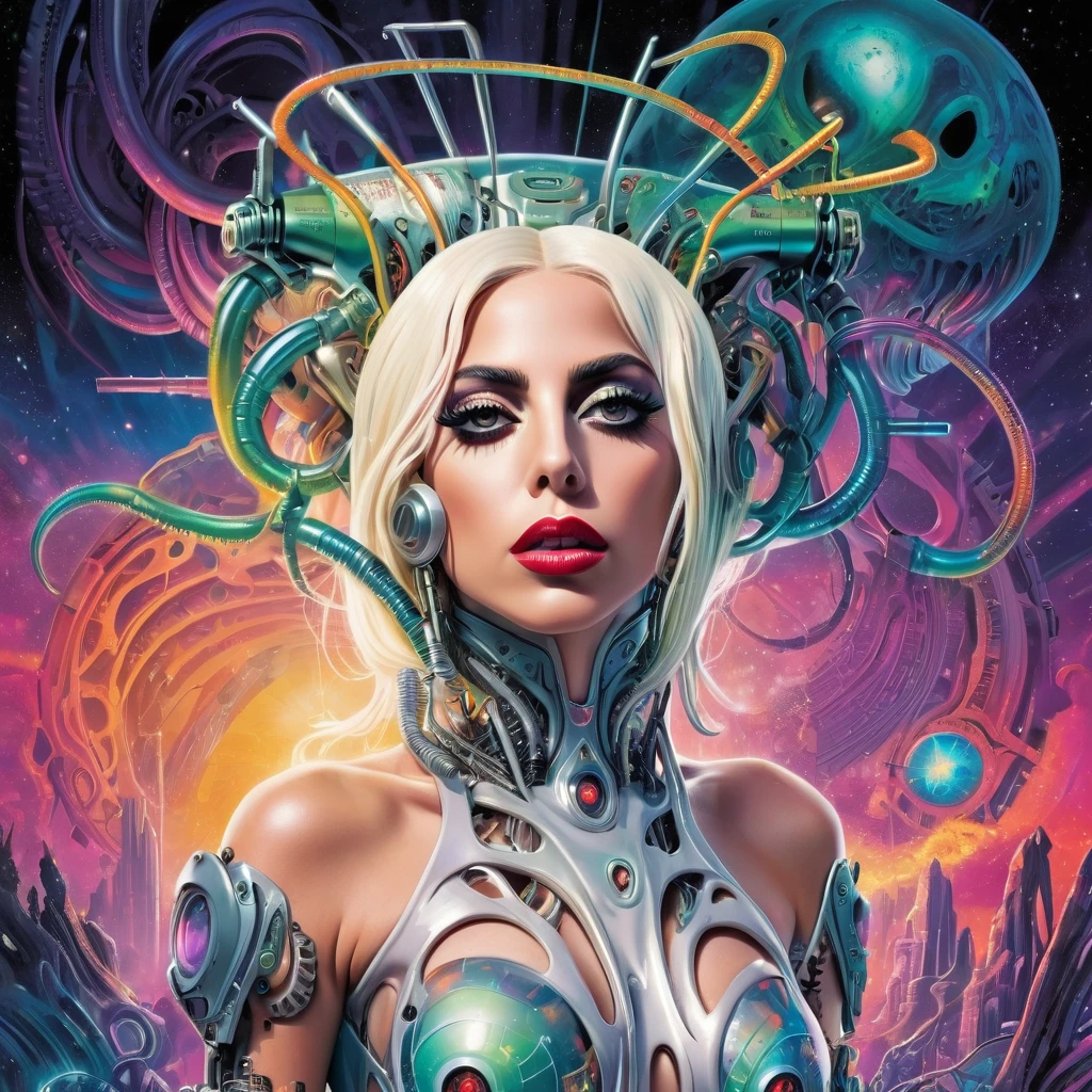 Lovecraftian Lady gaga, sexy cyborg body part, magazine cover, poster art , Lovecraftian creative creatures, hint of vibrant, bold huge text, matted design layout. technological elements, cosmic dread, noise background