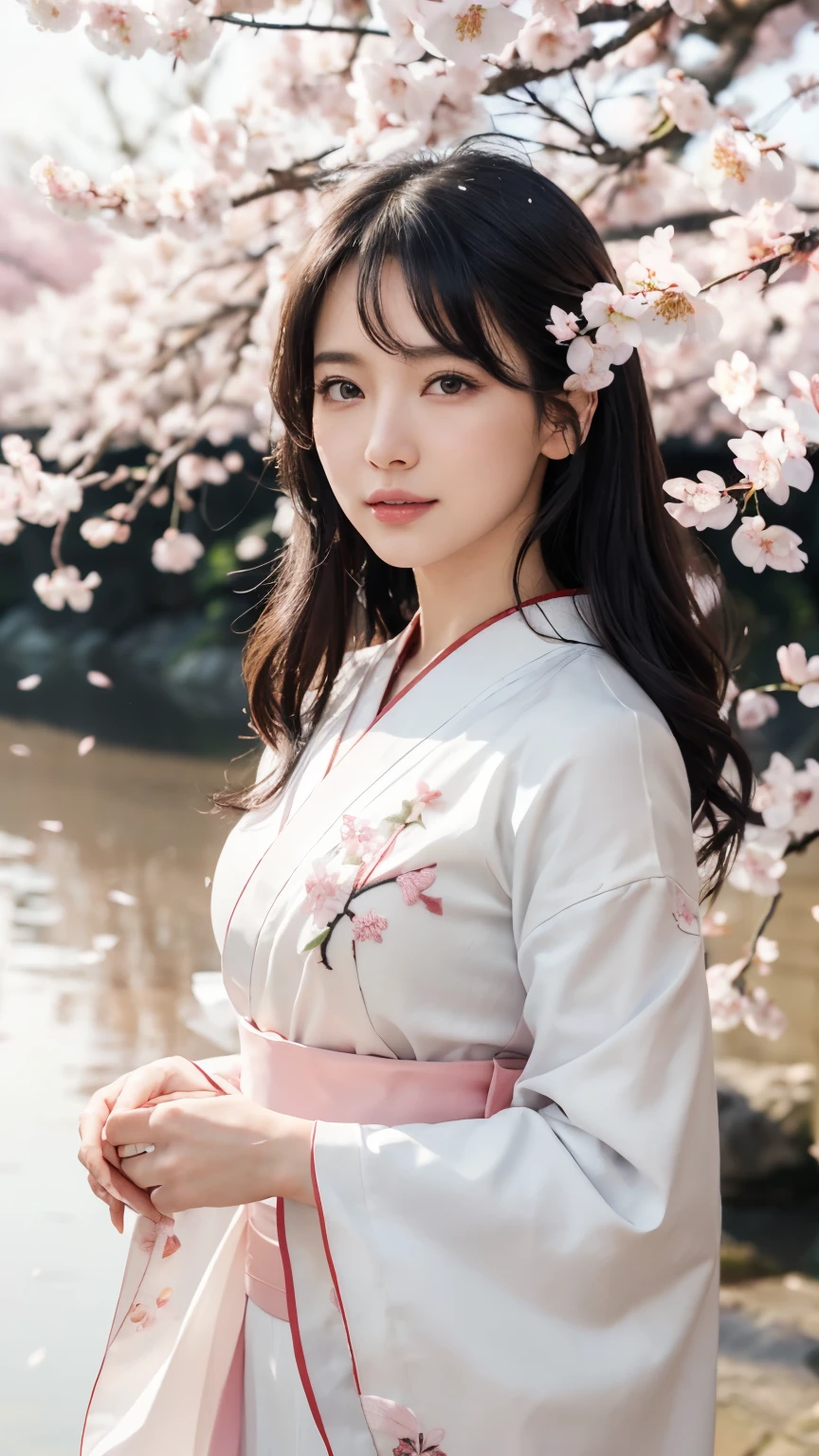 (logo、masterpiece、8k、Tabletop、RAW Photos、wonderful、最high quality、Photorealistic and hVery detailed CG integrated 8k wallpaper、high quality、Very detailed、Narrative poem、Particle Effects、Dynamic Effects、Written boundary depth、Cinematic Light、Lens flare、Ray Tracing)、Fantasy、 (One beautiful woman、White kimono、Japan Dress、White cherry blossom pattern、White cherry blossom embroidery pattern、Black-haired、Beautiful Face、True Face、Beautiful details、eye、Beautiful Skin)、Hair flutters in Wind、Hair bounces、Pink cherry blossom tree、Petals fluttering、SakuraFubuki、Wonderful views、sunrise、Sun in the background、Wind、god々、teeth、God Story、Vast land