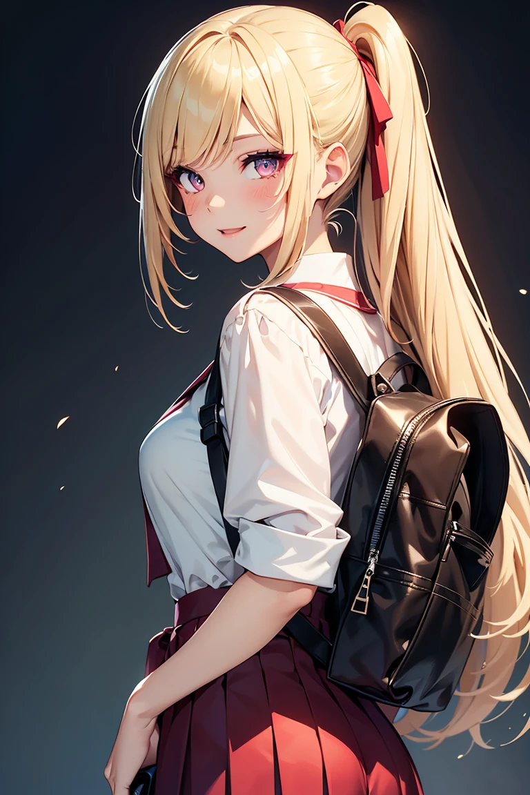 ((1 girl)), Selfie, Latest Fashion Trends, (Hairpins in the bangs), younger sister, Pleated skirt, look back, rucksack, Cheerful expression, Open your mouth, background_School Area, かわいいyounger sister, Cowboy Shot,((Very detailed,highest quality, High resolution, 8k wallpaper, Beautiful clothes,)),((blonde, Long Hair,Straight hair)), blush , (Crimson Eyes),eye shadow, eyeliner,Glow Eye, Very detailedな目, Beautiful Eyes, -yeld gi Accurate anatomy