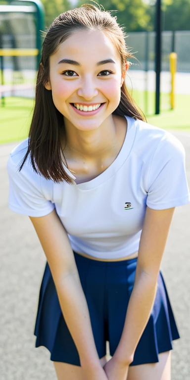 A neat female college student, people, (spats, Play sports often), Outside the playground, (slim), Realistic, detailed, Skin Texture, ultra detailed, Delicate and sexy collarbone, smile, super detaileded face, detaileded lips, detaileded eyes, small breasts, small, small breasts, small, flat breasts, flat、Sideide、Sweaty