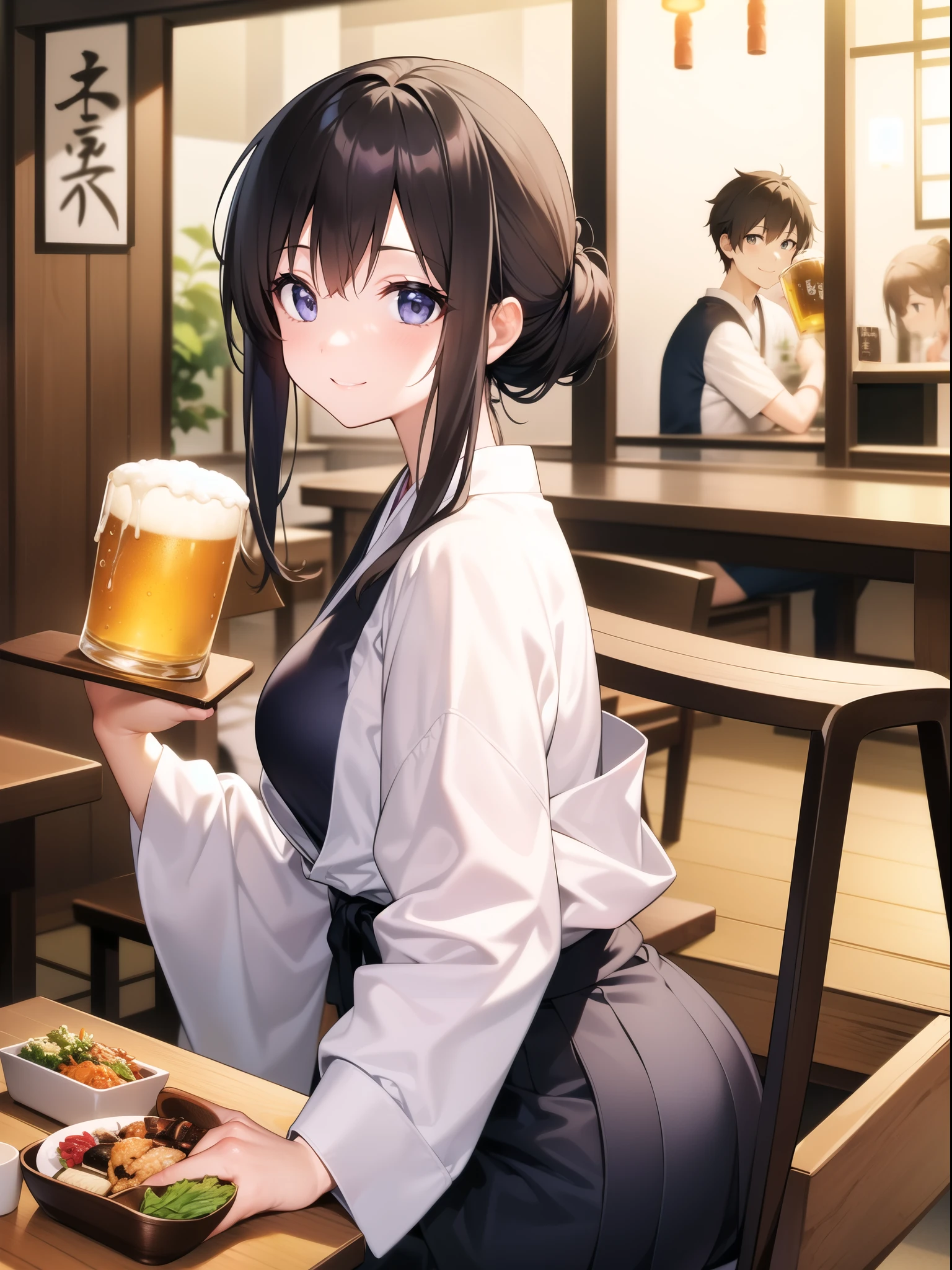 Smiling woman drinking beer while holding a mug in a Japanese izakaya。The woman is wearing a white shirt、Hair tied back。On the table々There are a variety of dishes lined up.、The wooden chairs and counter of a Japanese izakaya are visible in the background。A warm and relaxing atmosphere。