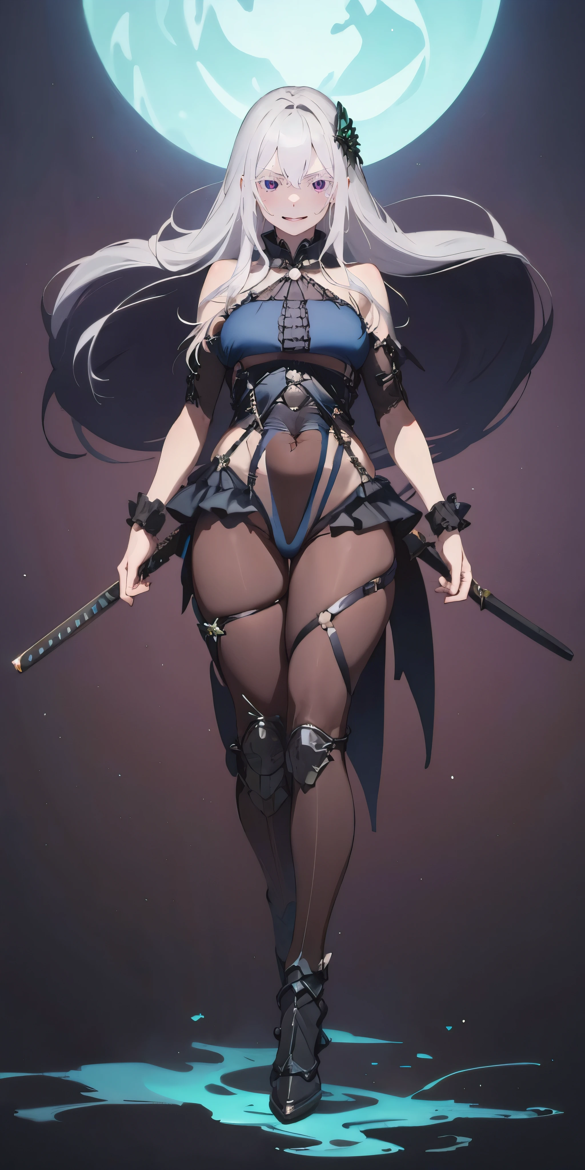 (long hair, silver hair:1.3), purple eyes, hair ornament, pale skin, curvy, anatomically correct, heavy breathing, small breasts, mature female, muscular female, outfit-hindenburg, black miniskirt, black pantyhose, covered navel, weapon, katana,  sword, sheath, holding, standing, looking_at_viewer, "glow effects, godrays, Hand drawn, render, 8k, octane render, cinema 4d, blender, dark, atmospheric 4k ultra detailed, cinematic, Sharp focus, big depth of field, Masterpiece, colors, 3d octane render, 4k, concept art, trending on artstation, hyperrealistic, Vivid colors, extremely detailed CG unity 8k wallpaper, trending on CGSociety, Intricate, High Detail, dramatic", facing viewer, purple eyes, bright pupils, smirk, lips, upper teeth, glaring eyes,